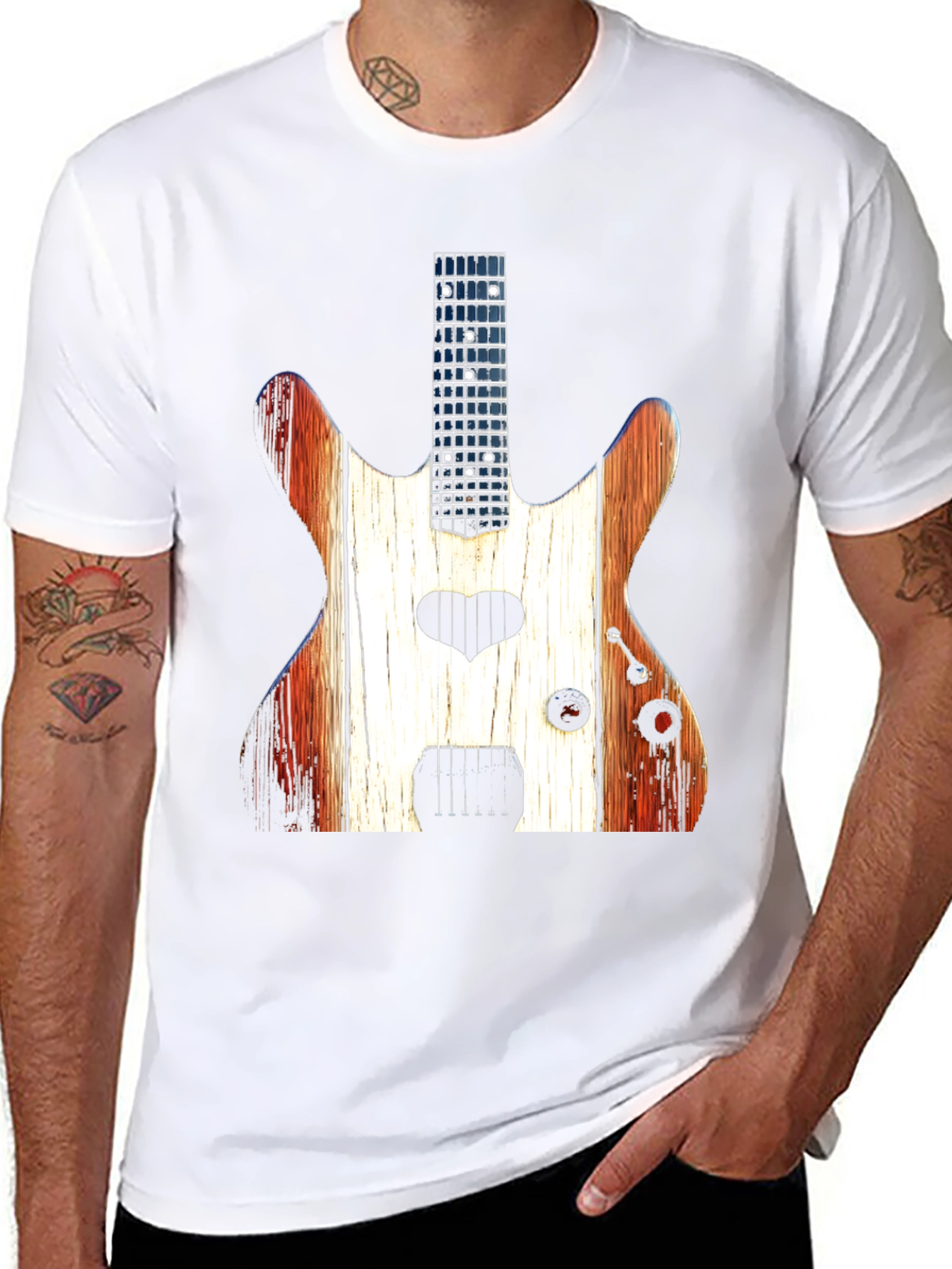 Guitar Heart Black T-Shirt - Rustic Wood Design
