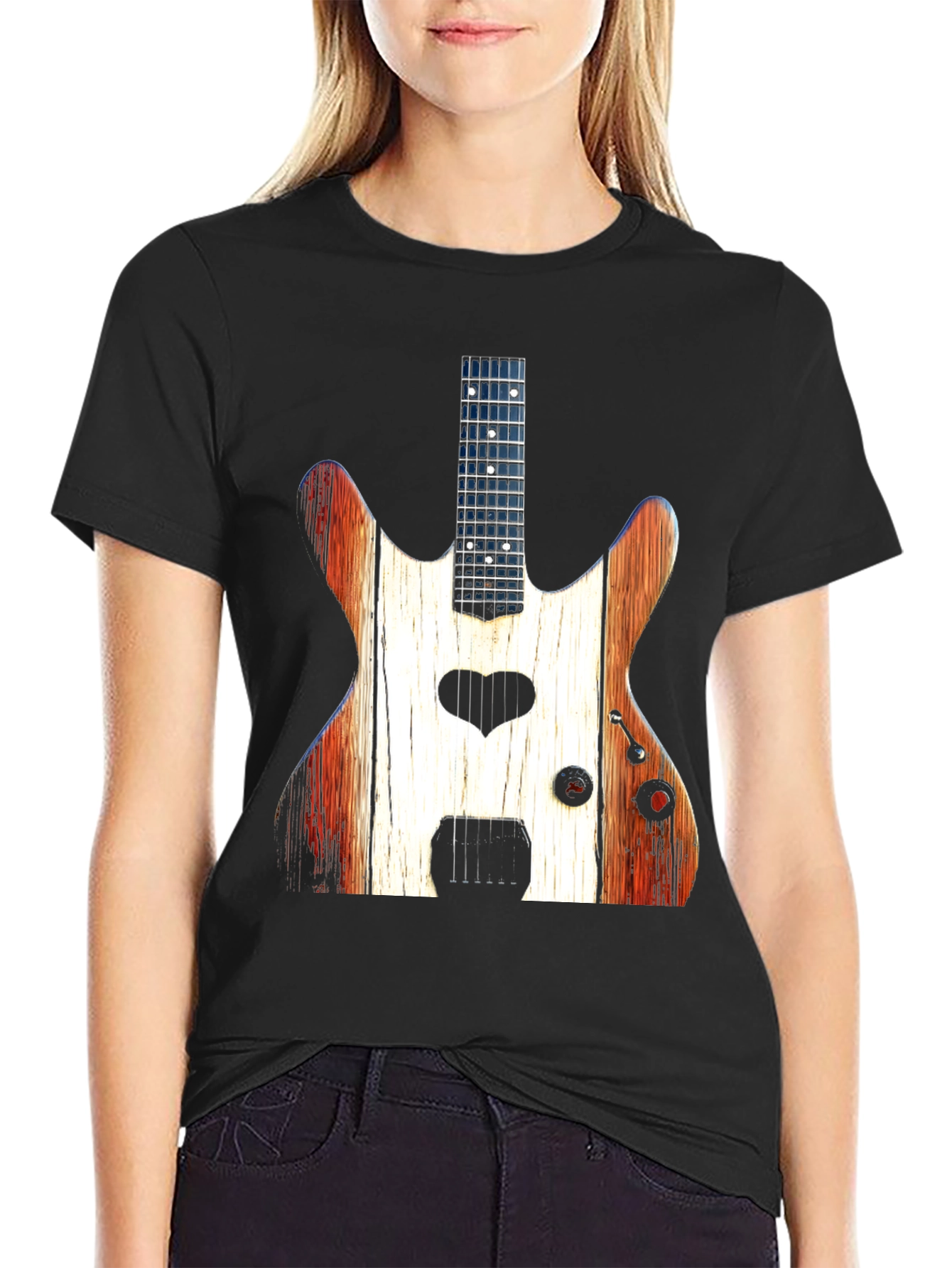 Guitar Heart Black T-Shirt - Rustic Wood Design