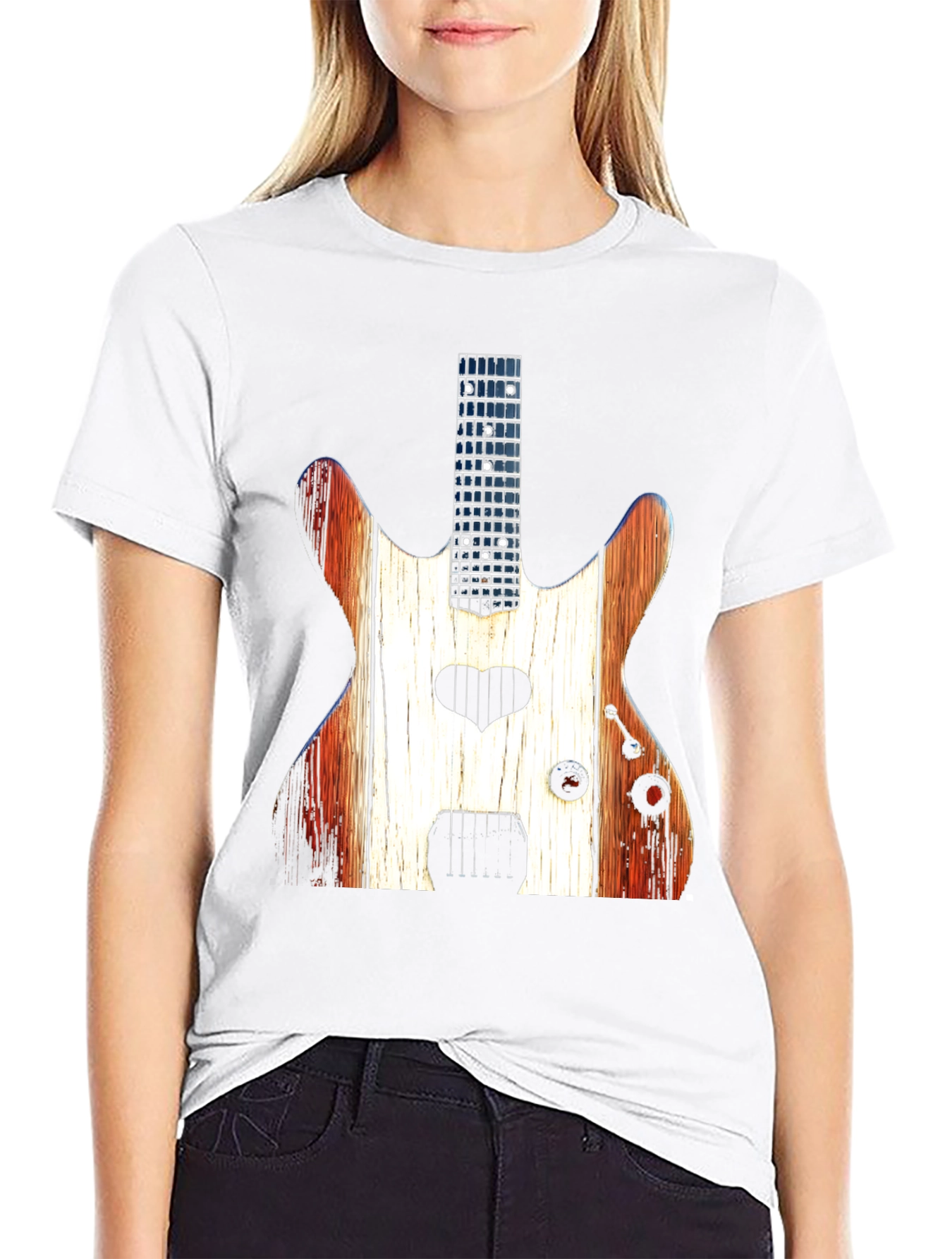 Guitar Heart Black T-Shirt - Rustic Wood Design