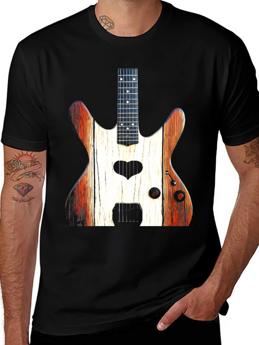 Guitar Heart Black T-Shirt - Rustic Wood Design