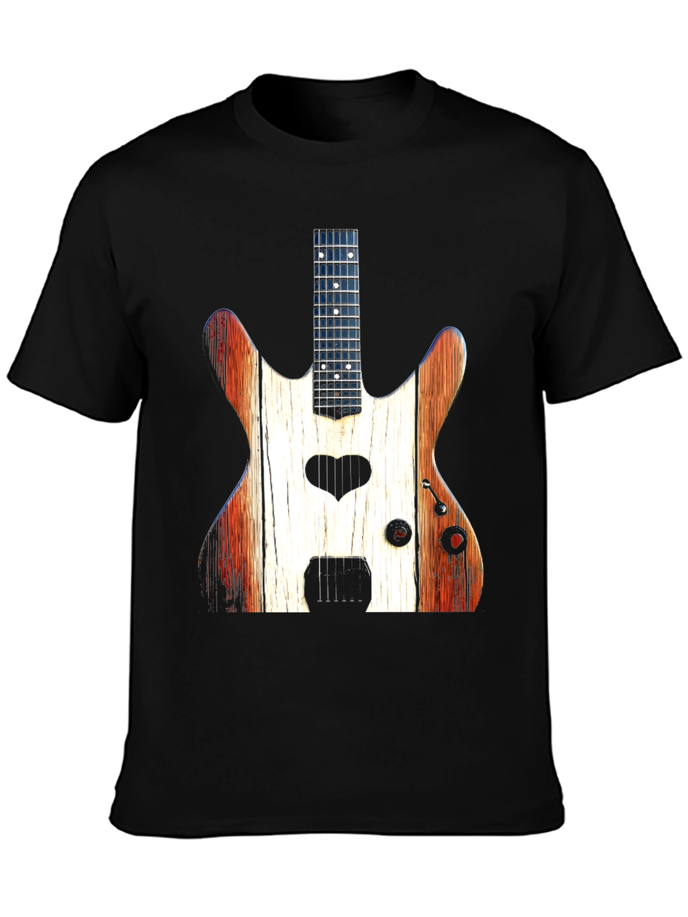 Guitar Heart Black T-Shirt - Rustic Wood Design