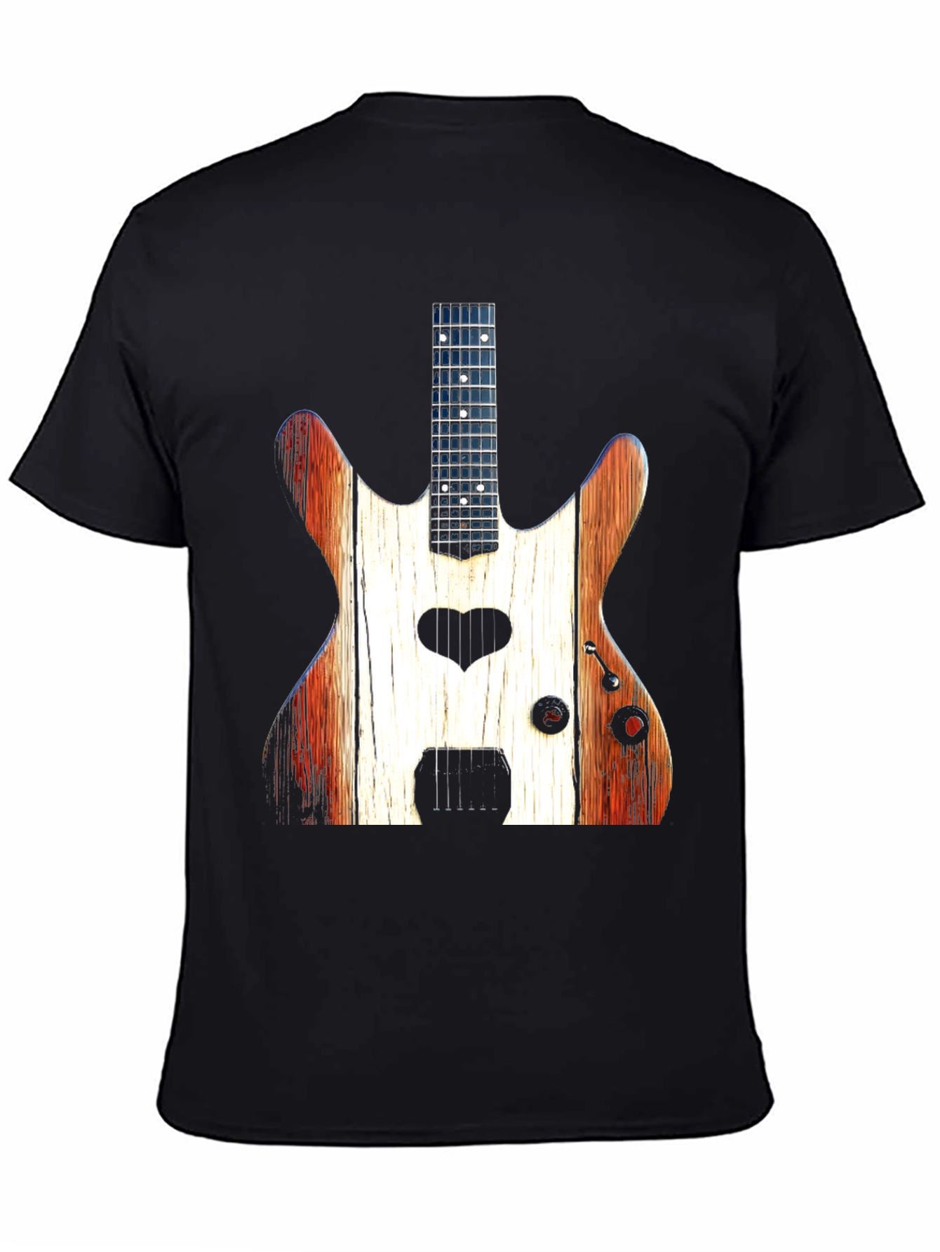 Guitar Heart Black T-Shirt - Rustic Wood Design