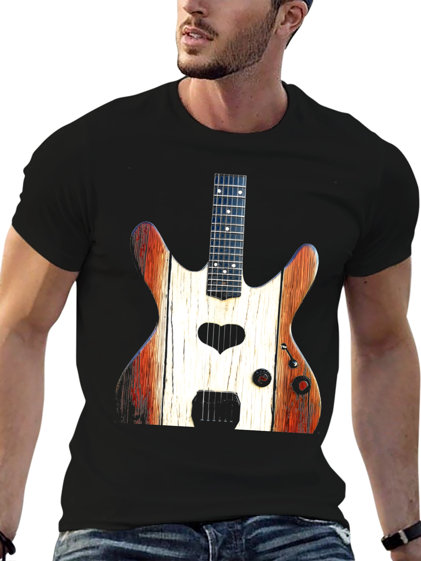 Guitar Heart Black T-Shirt - Rustic Wood Design
