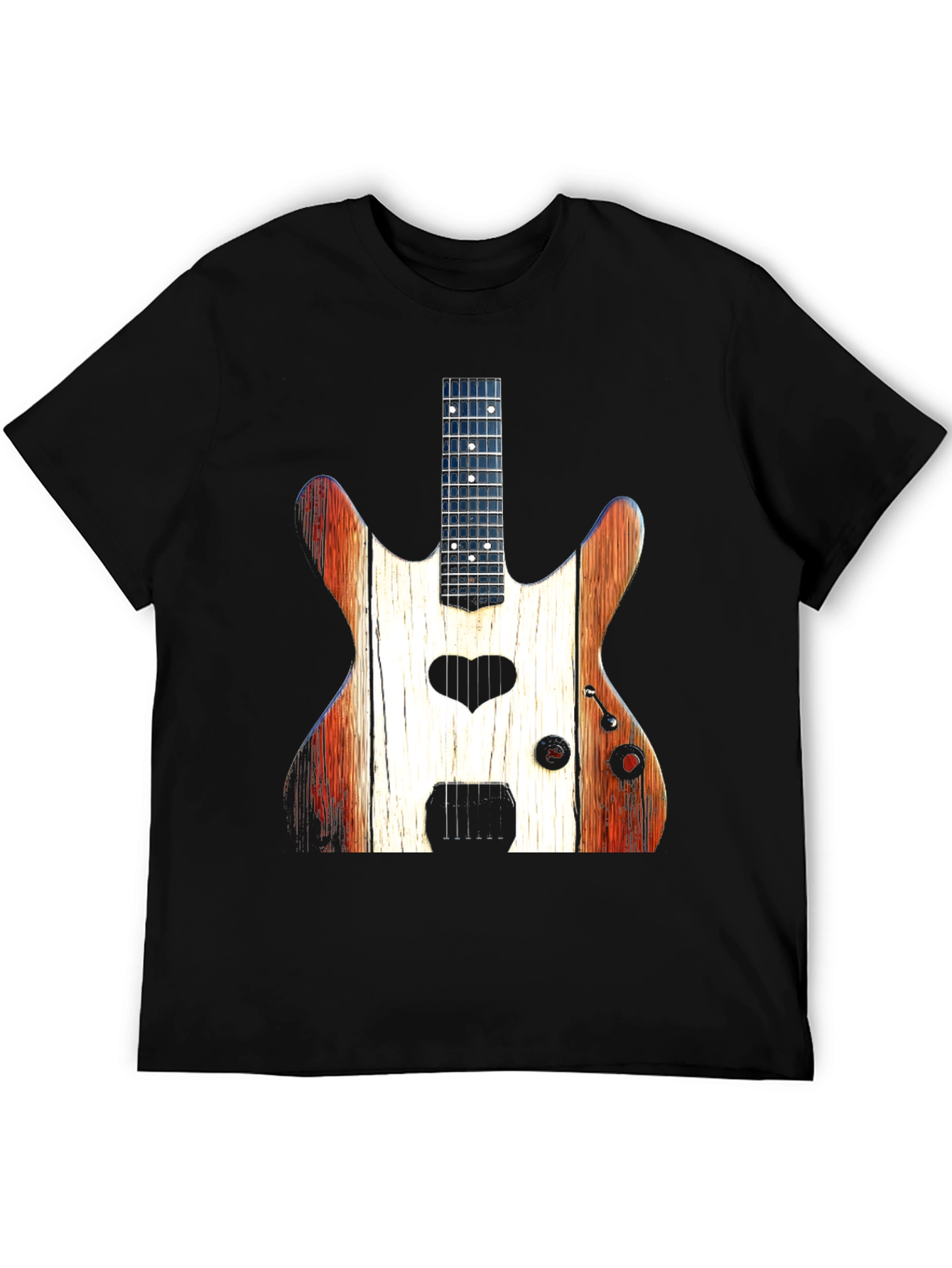 Guitar Heart Black T-Shirt - Rustic Wood Design