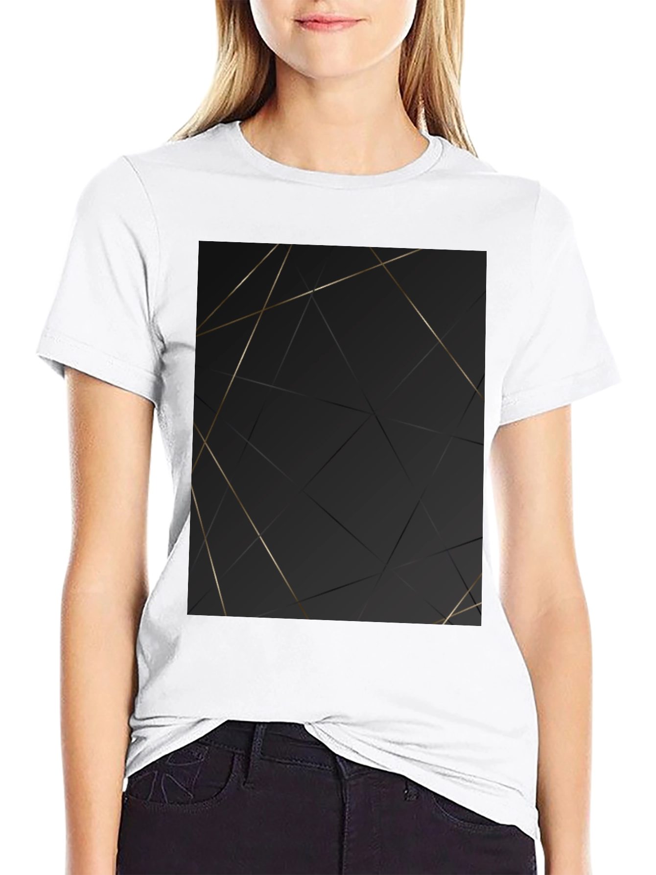 Modern Geometric Gold Line Black T-Shirt