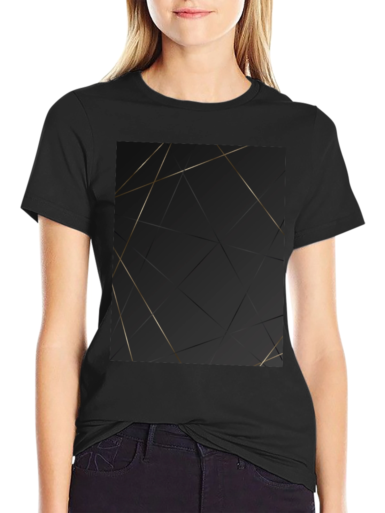 Modern Geometric Gold Line Black T-Shirt