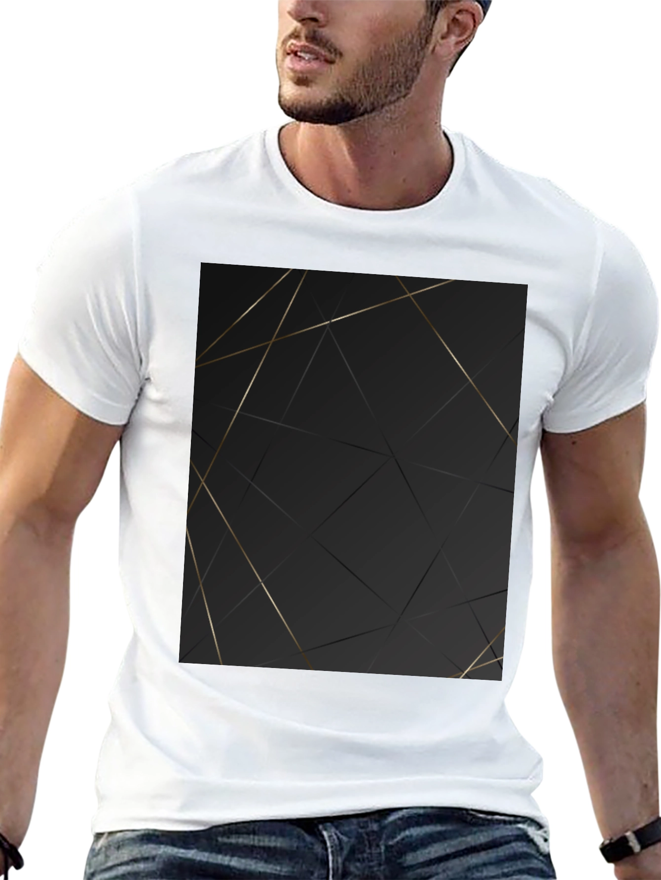 Modern Geometric Gold Line Black T-Shirt