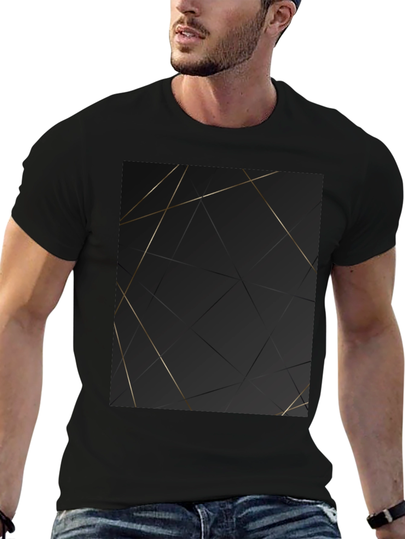 Modern Geometric Gold Line Black T-Shirt
