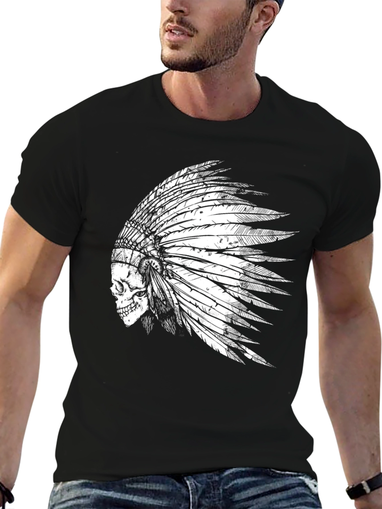 Skull Indian Headdress Graphic Tee - Black Cotton