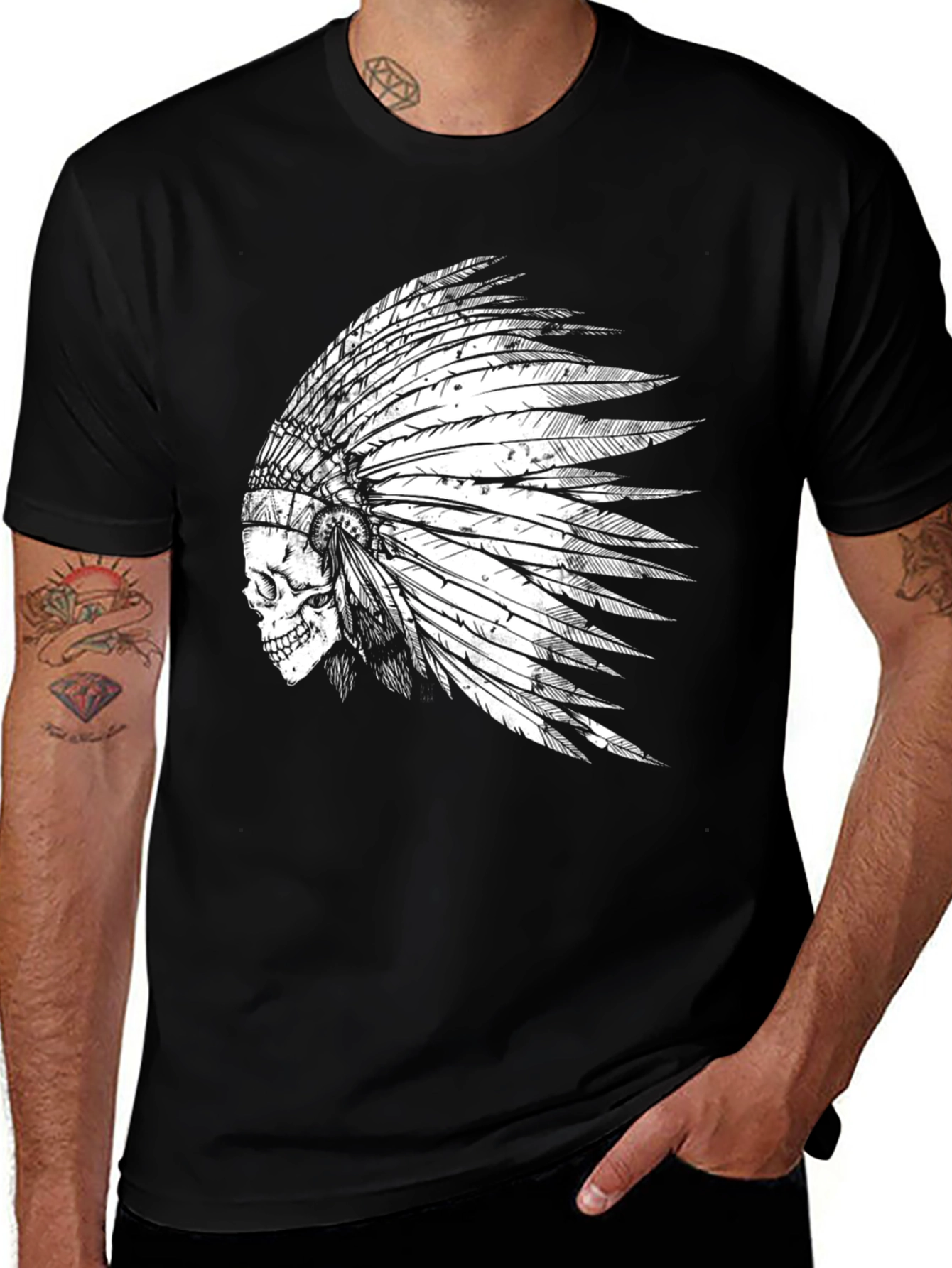 Skull Indian Headdress Graphic Tee - Black Cotton