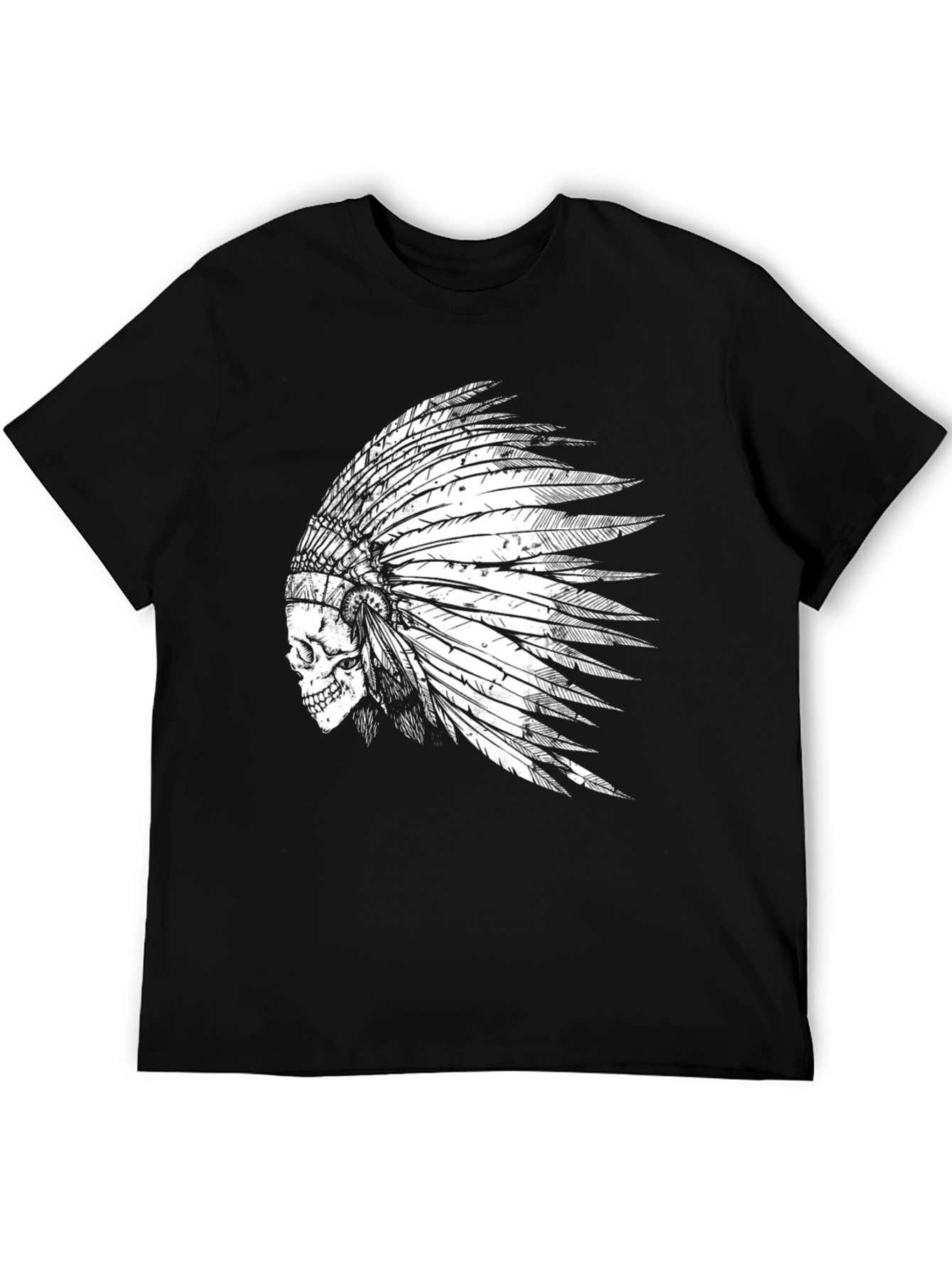 Skull Indian Headdress Graphic Tee - Black Cotton