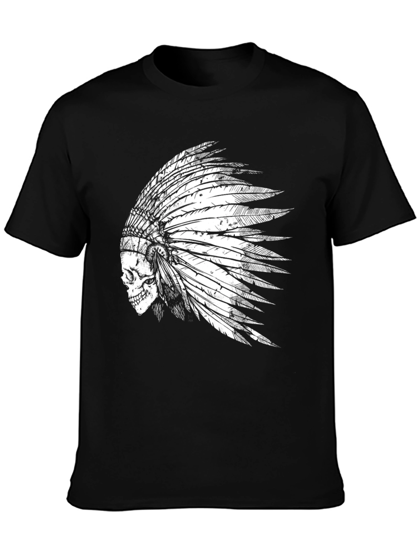 Skull Indian Headdress Graphic Tee - Black Cotton