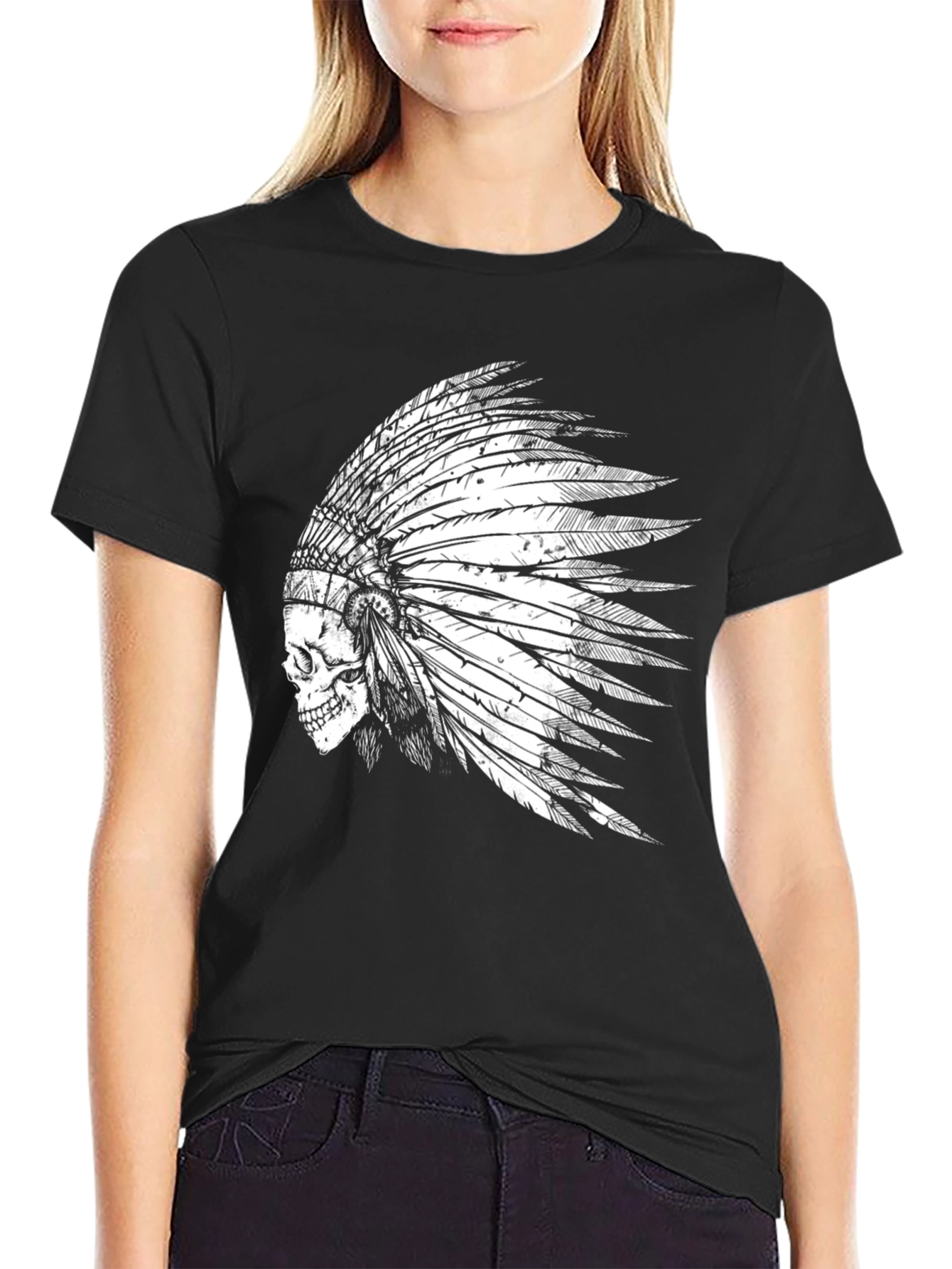 Skull Indian Headdress Graphic Tee - Black Cotton