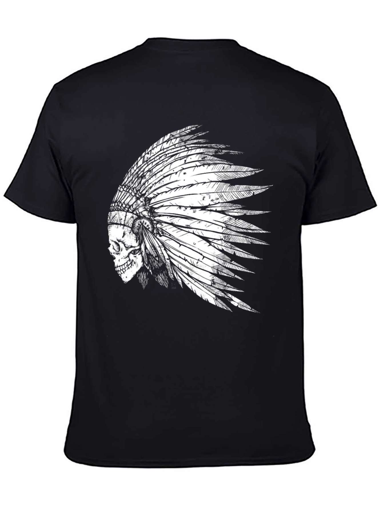 Skull Indian Headdress Graphic Tee - Black Cotton