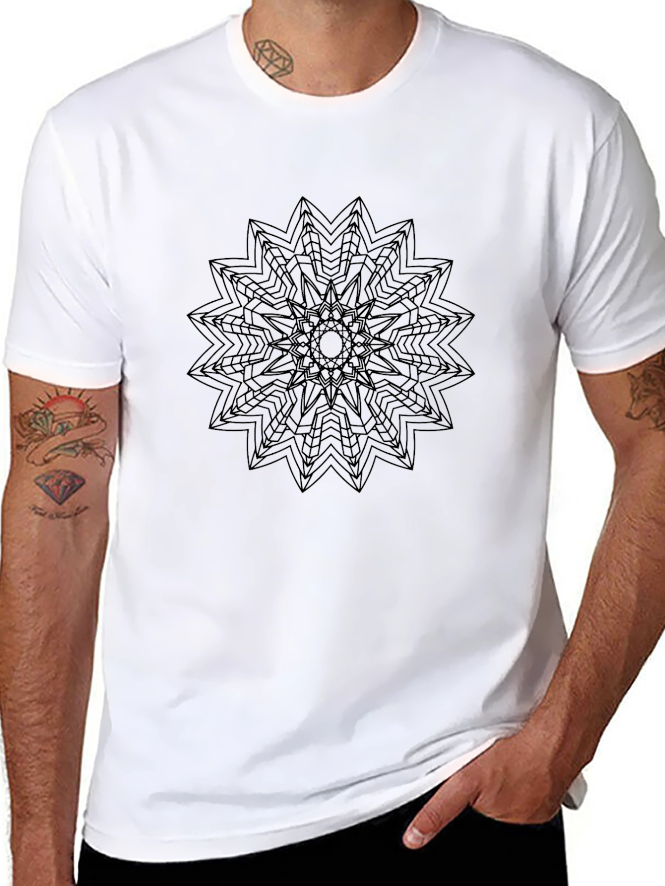 Black Tee with Geometric Mandala Graphic