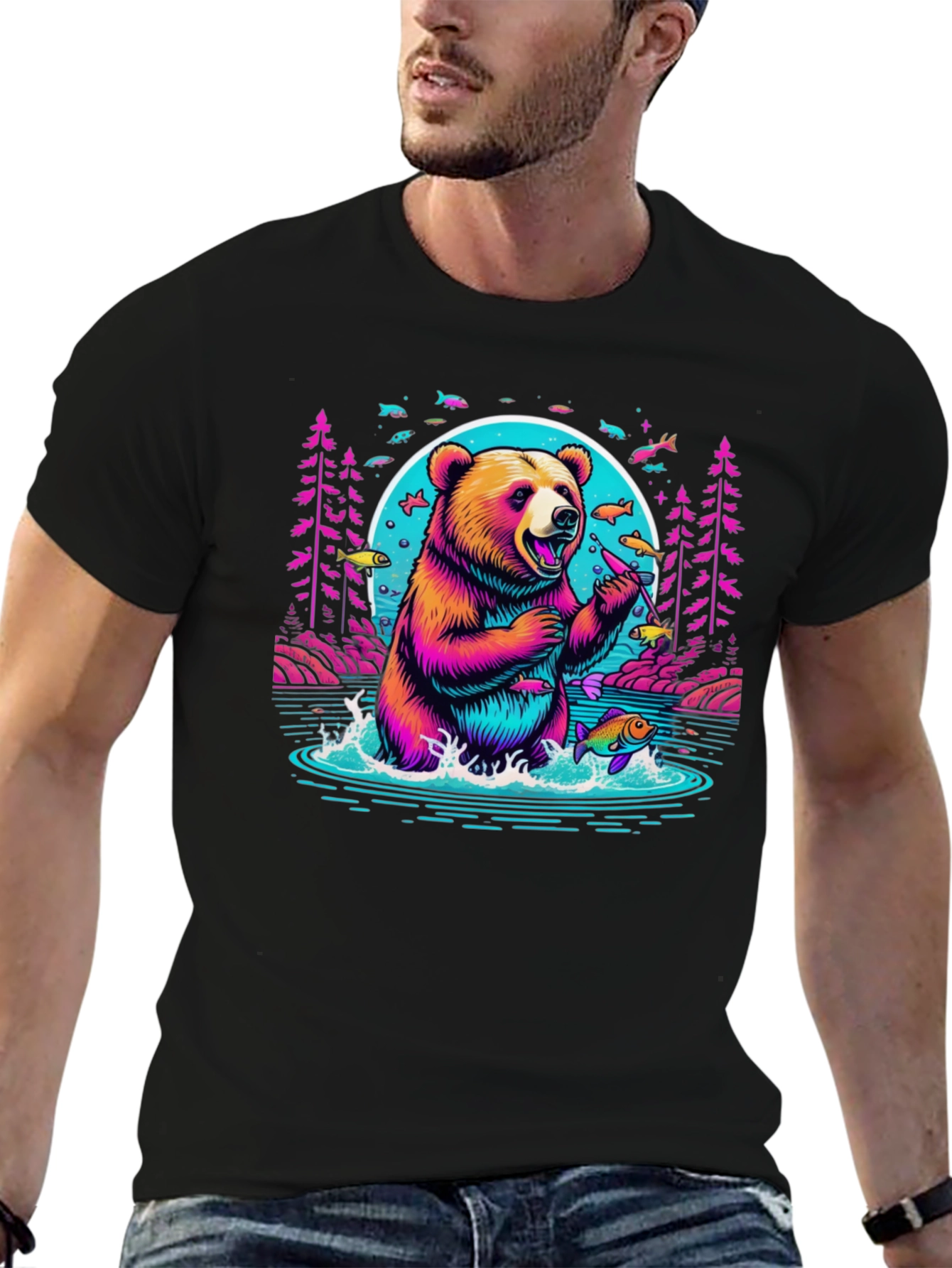 Bear Fishing Graphic T-Shirt