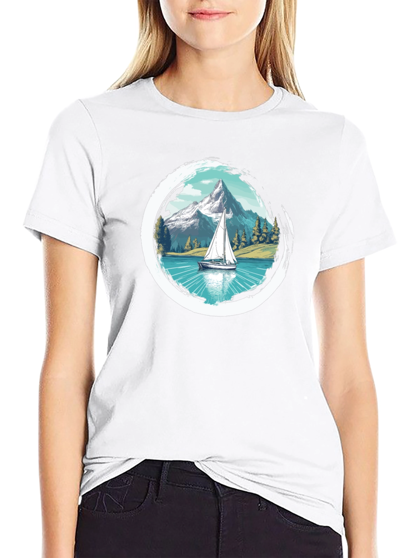 Sailboat Mountain Scene Graphic Tee
