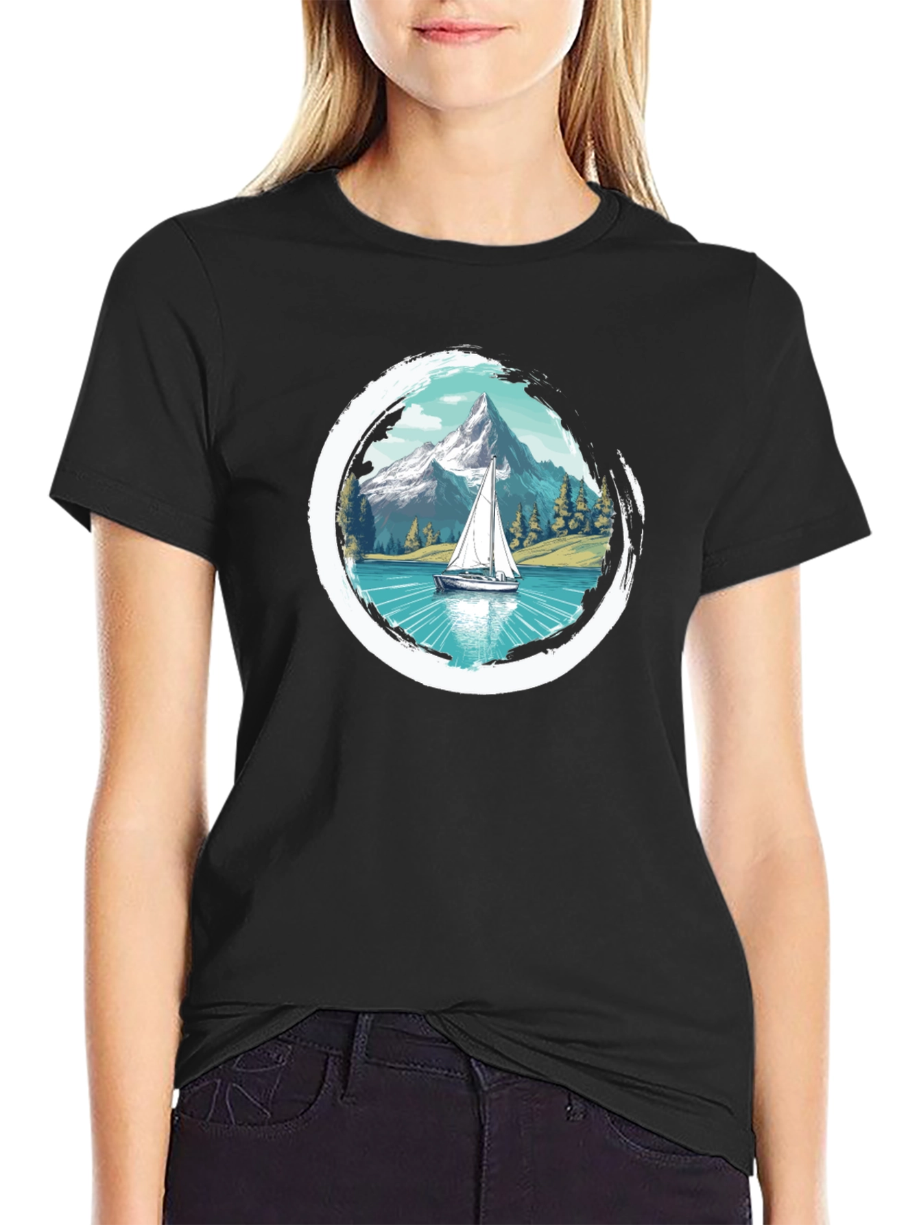 Sailboat Mountain Scene Graphic Tee