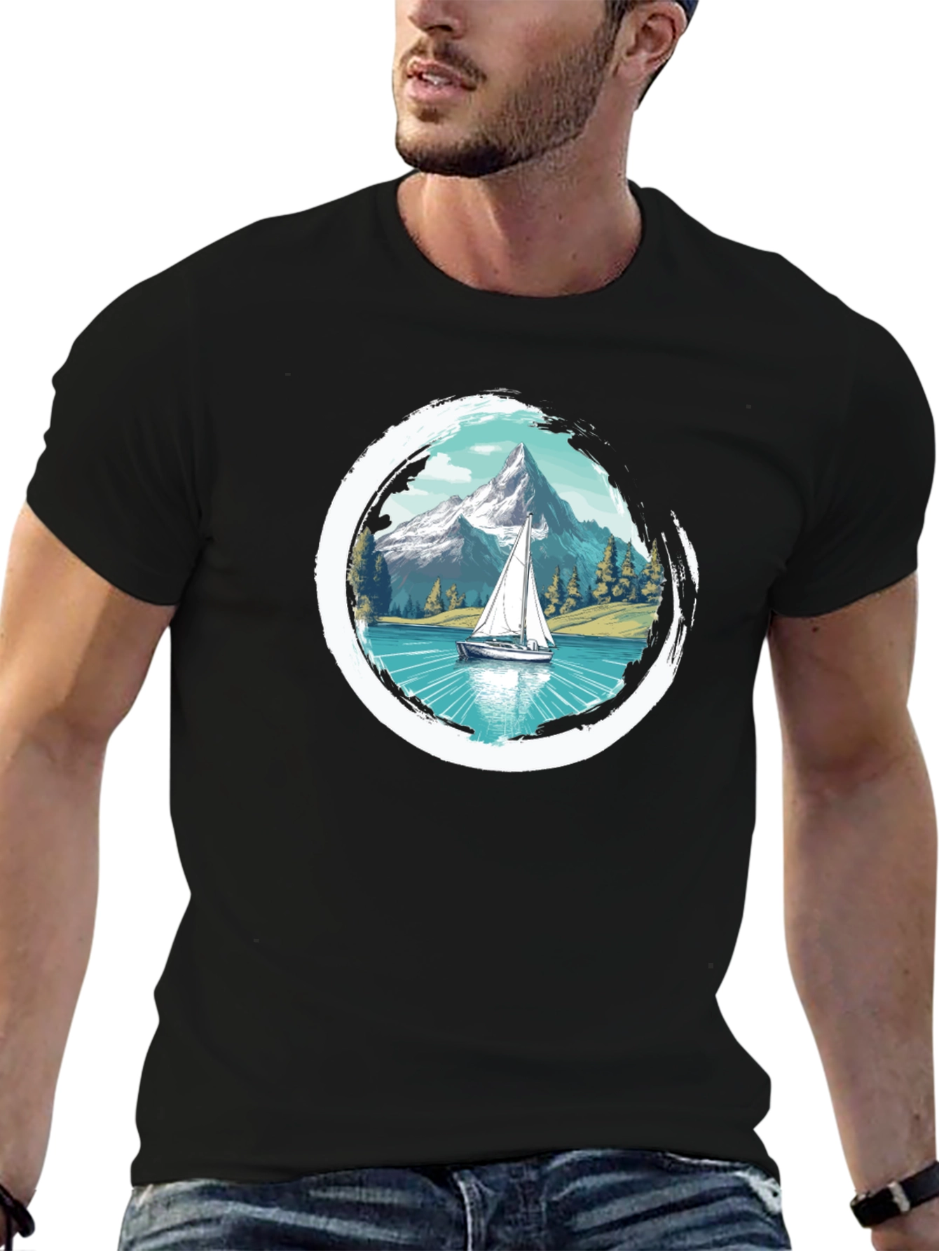 Sailboat Mountain Scene Graphic Tee