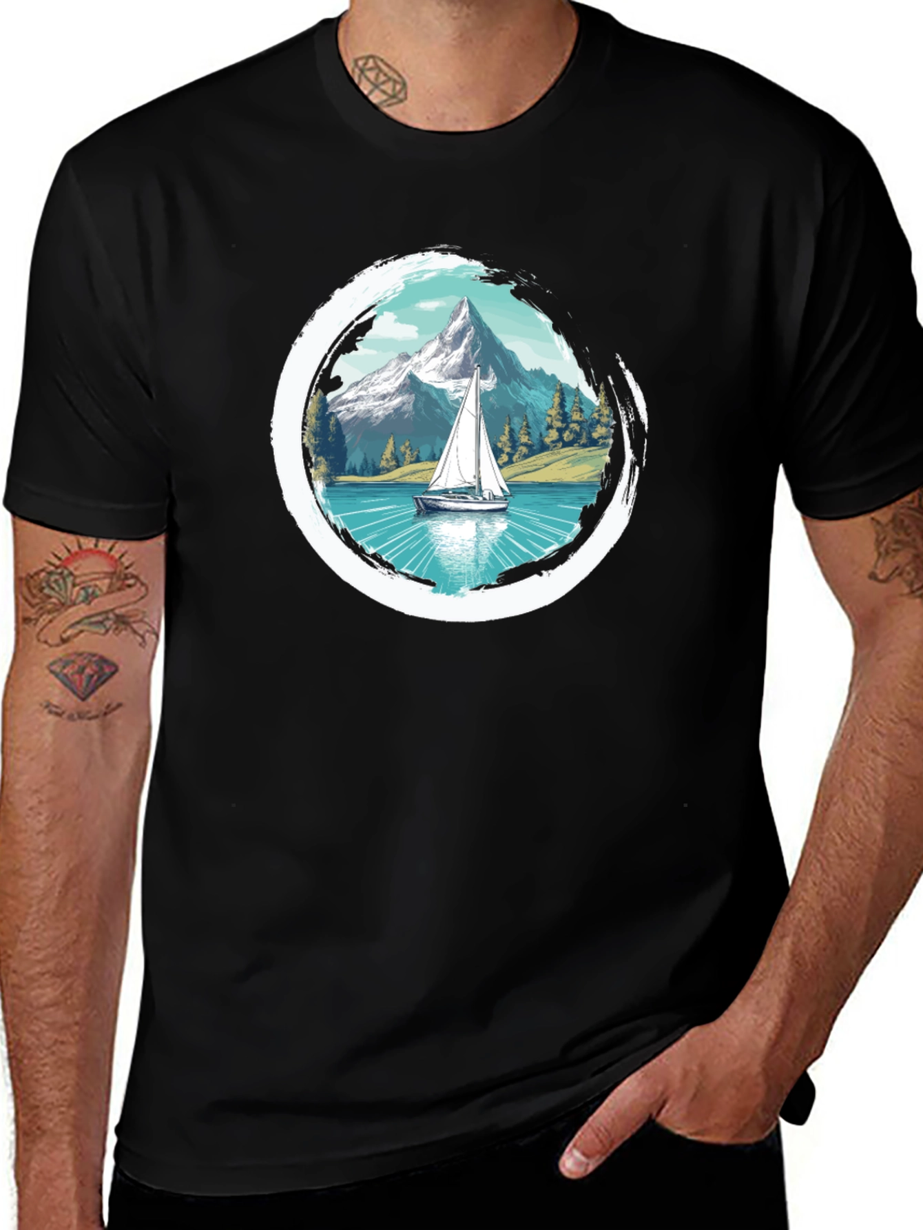 Sailboat Mountain Scene Graphic Tee