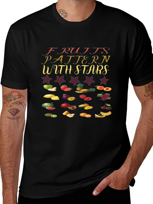 Fruits Pattern with Stars Black T-Shirt