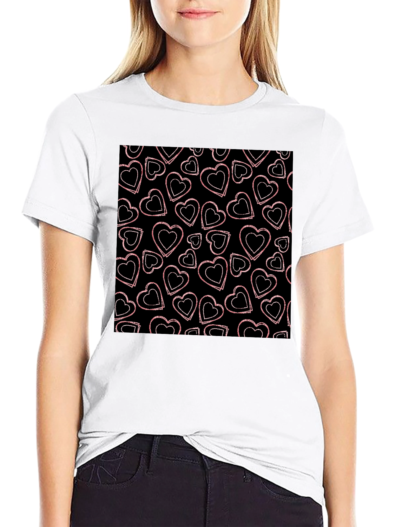 Heart Pattern Graphic Tee - Black