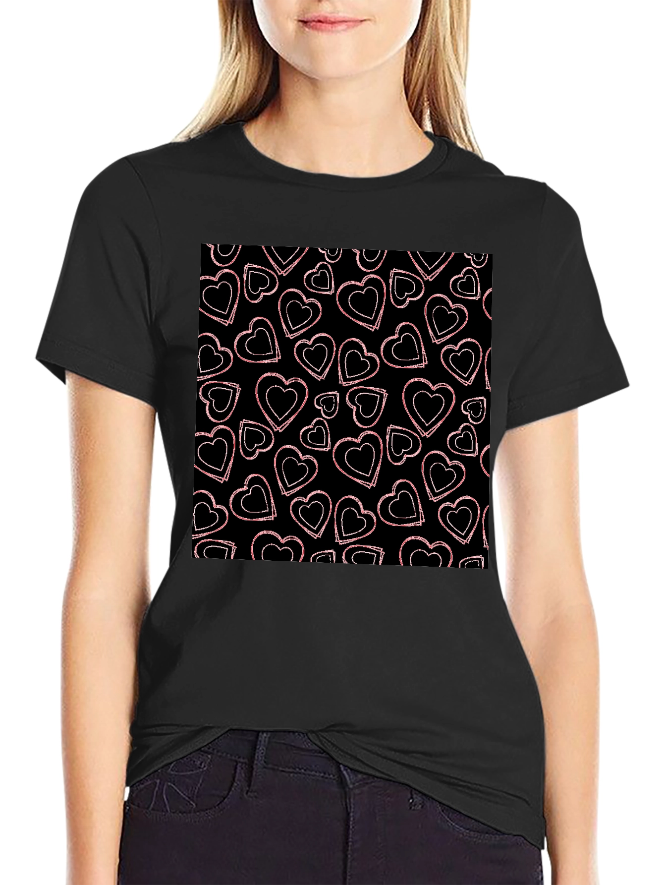 Heart Pattern Graphic Tee - Black