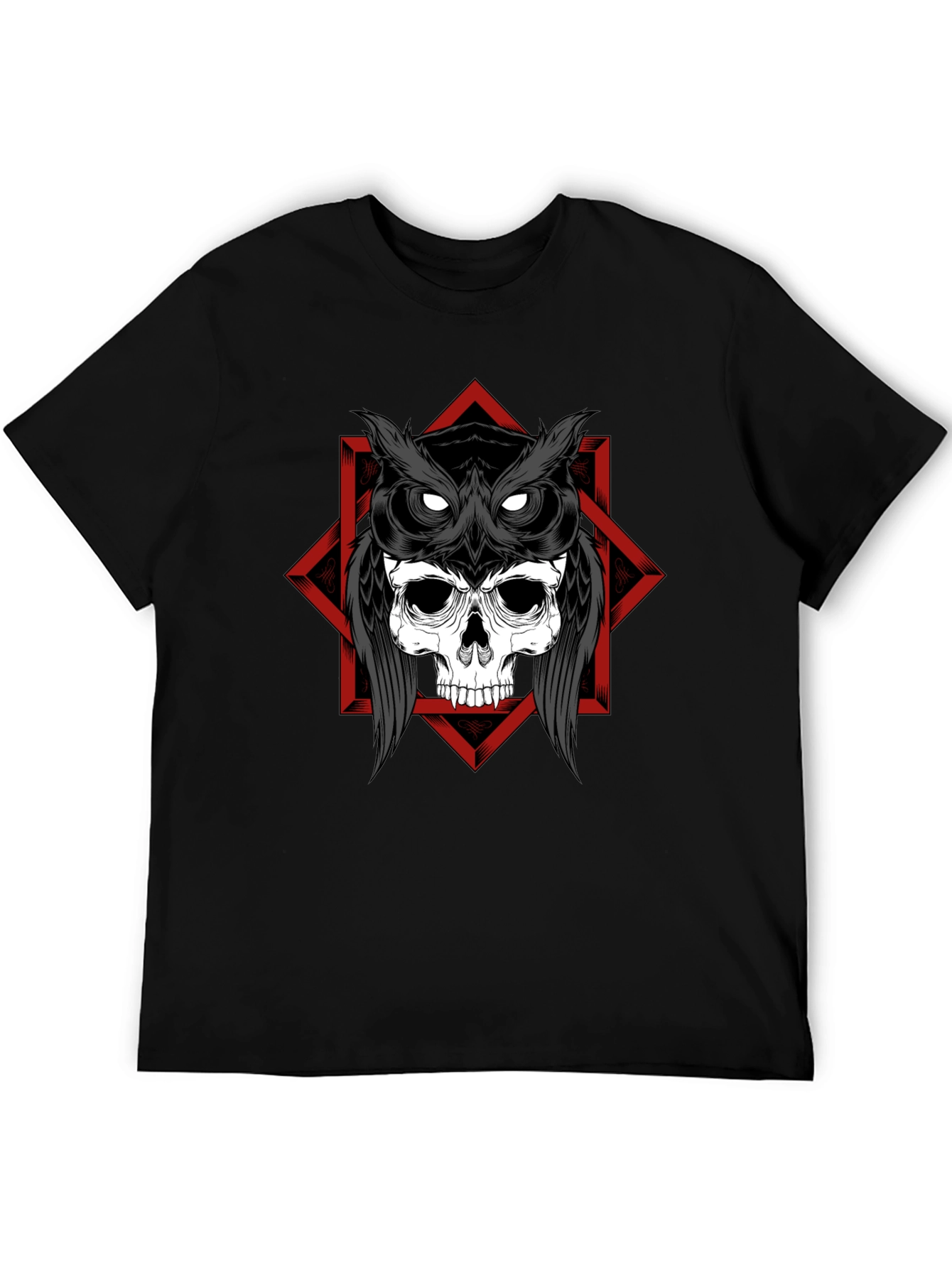Skull Owl Graphic Tee - Black Cotton T-Shirt