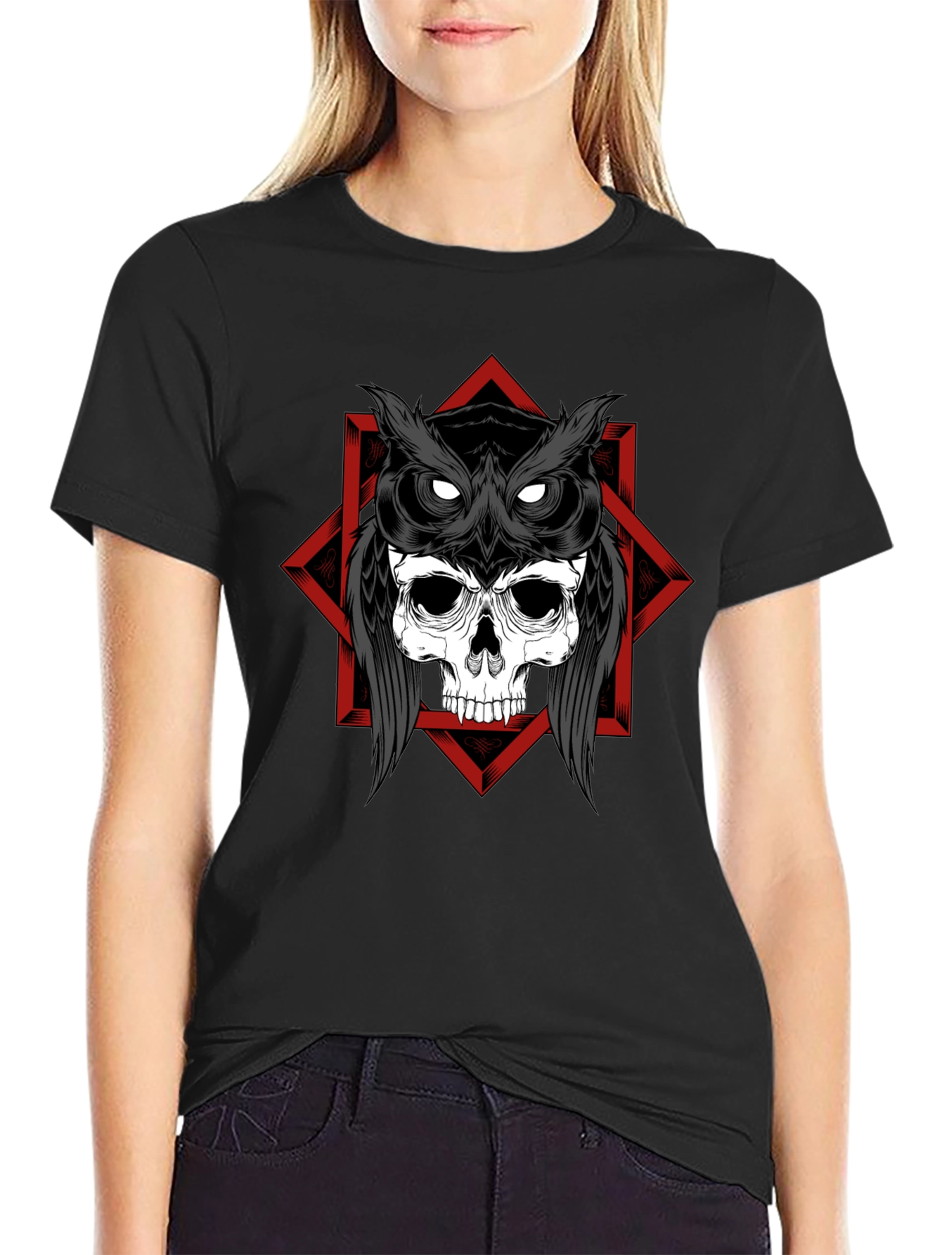 Skull Owl Graphic Tee - Black Cotton T-Shirt