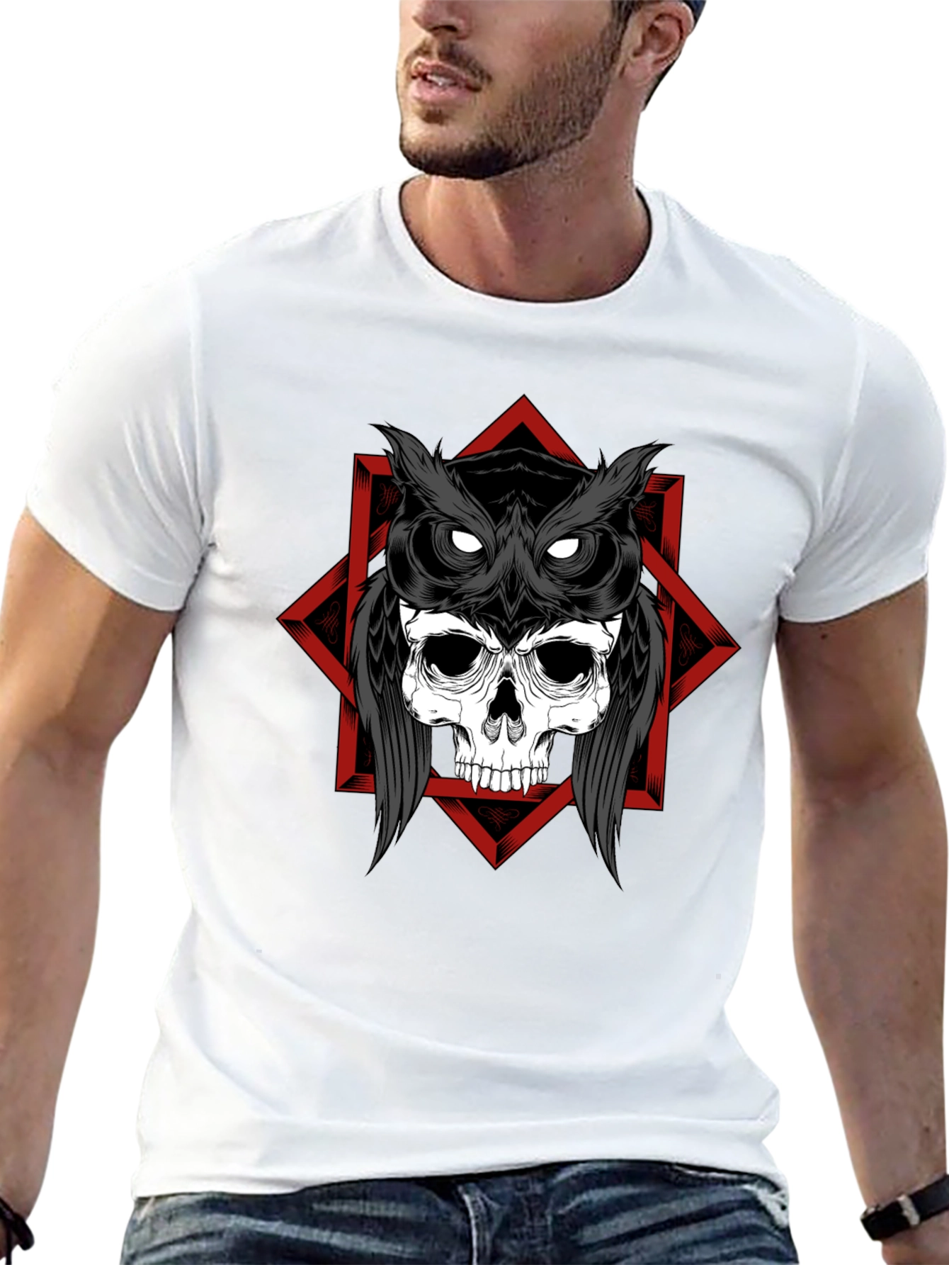 Skull Owl Graphic Tee - Black Cotton T-Shirt