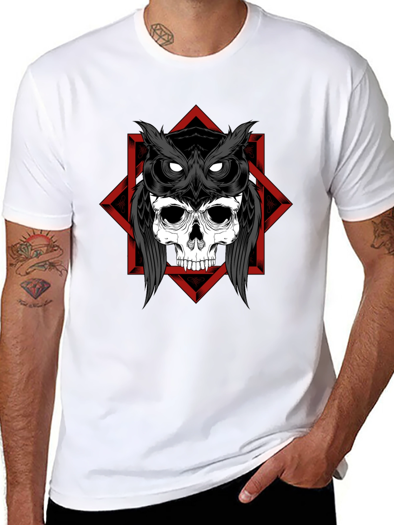 Skull Owl Graphic Tee - Black Cotton T-Shirt