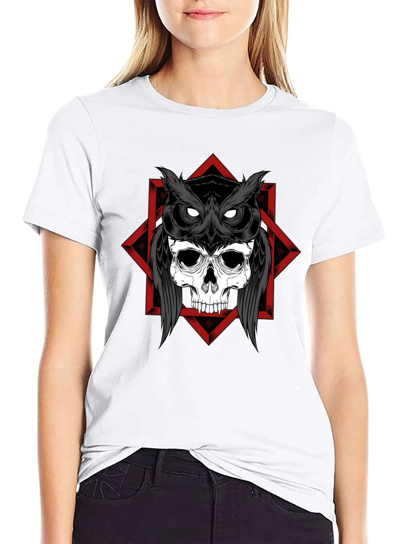 Skull Owl Graphic Tee - Black Cotton T-Shirt
