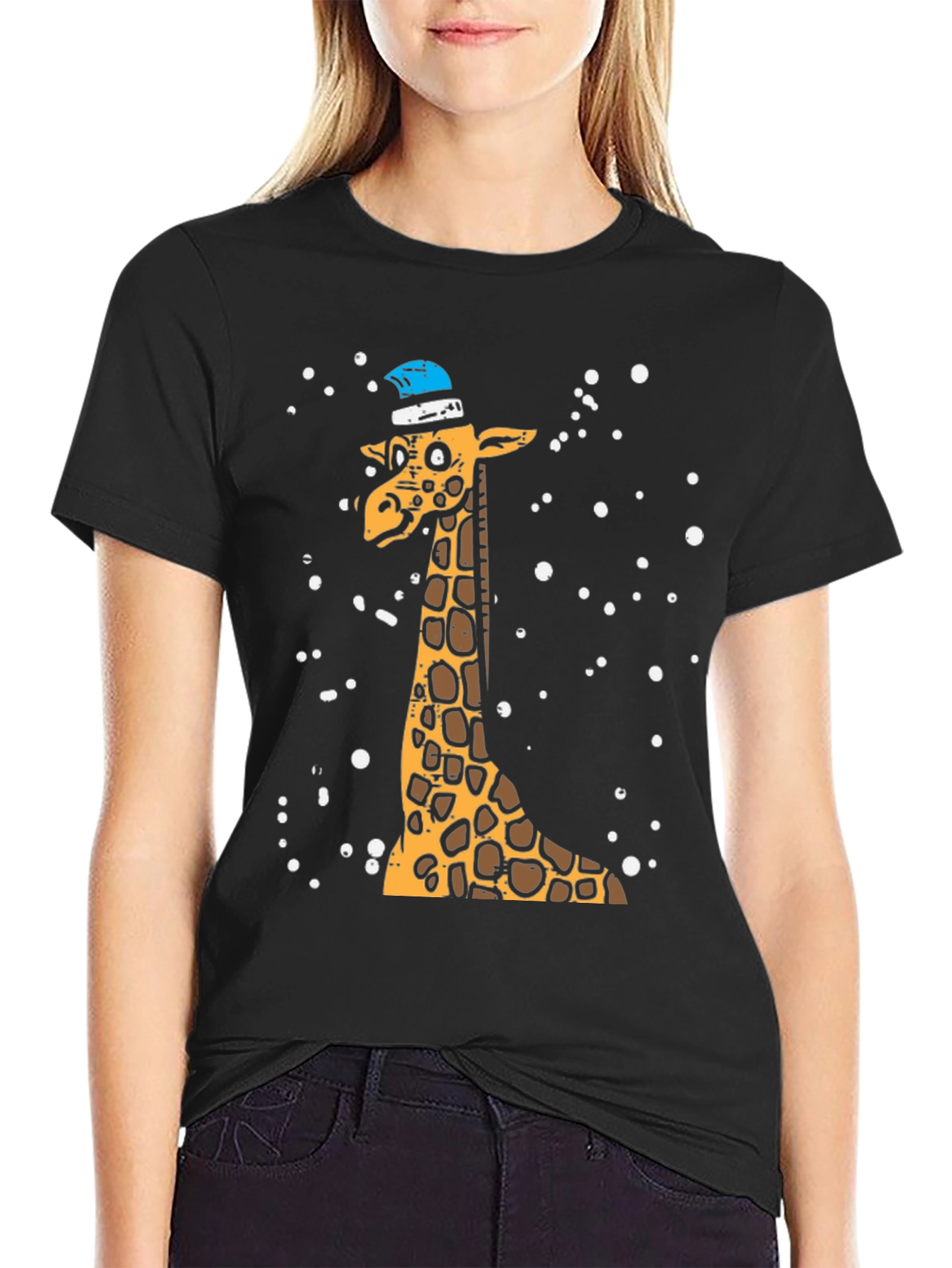 Giraffe with Santa Hat Graphic Tee