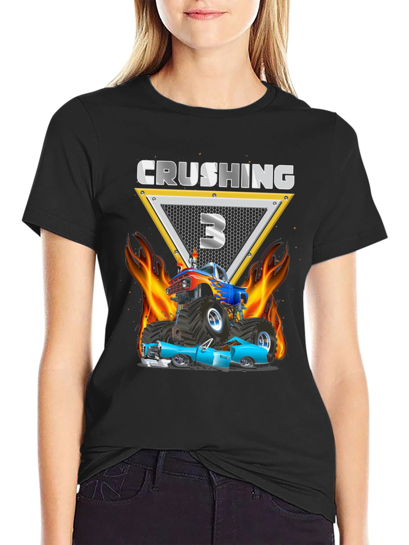 Crushing Three Monster Truck Birthday T-Shirt