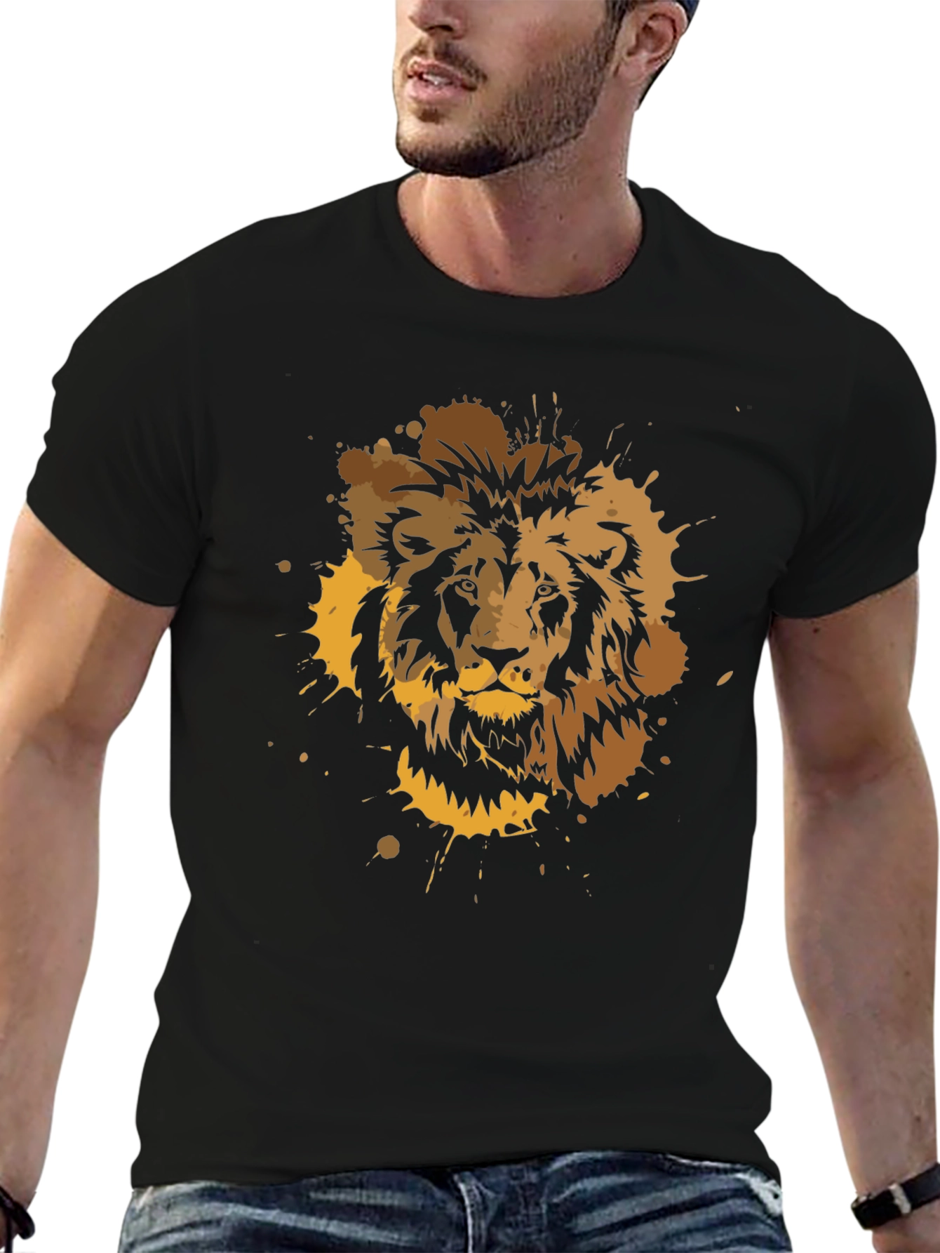 Lion Splatter Graphic Print T-Shirt - Black