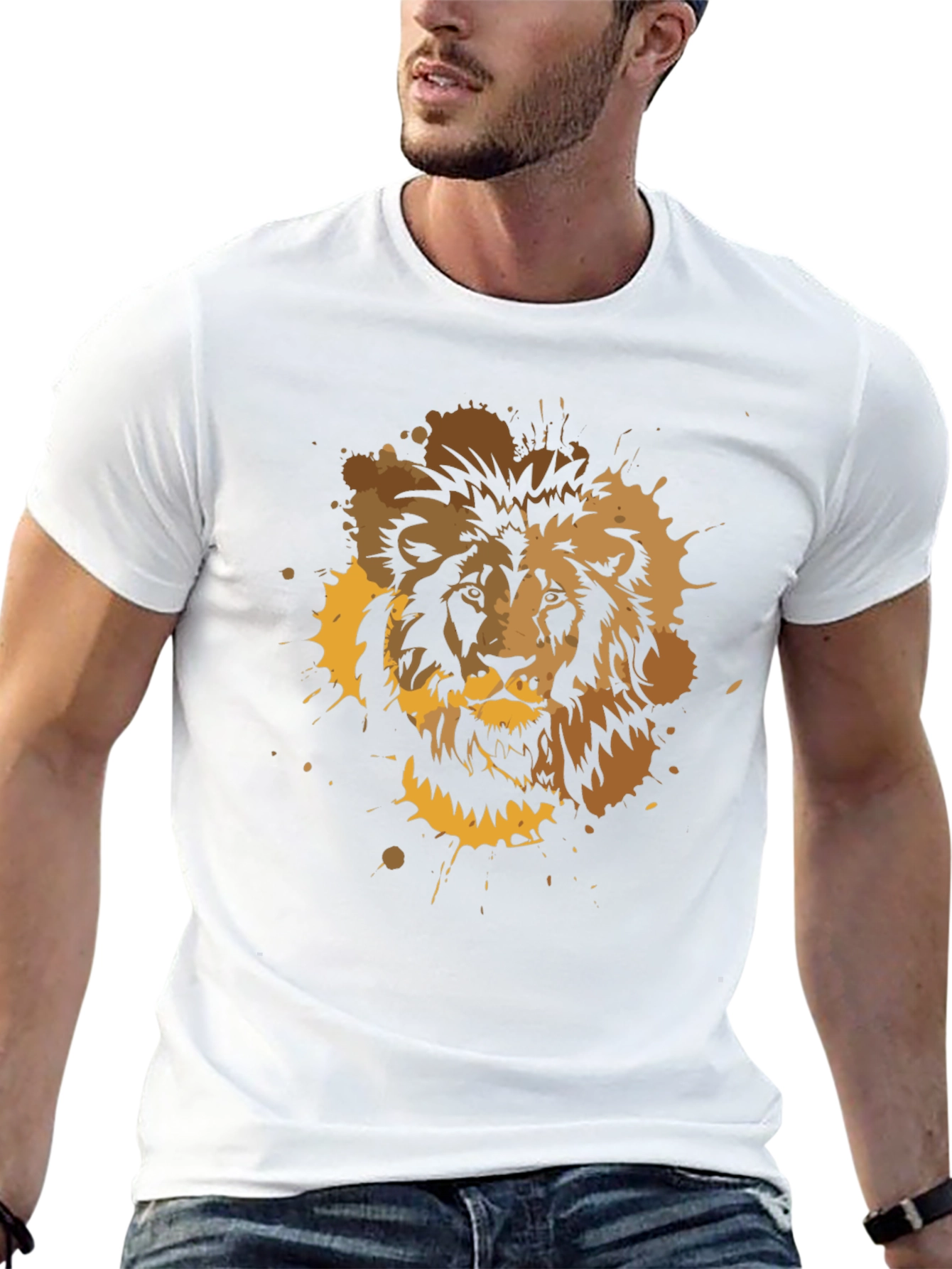 Lion Splatter Graphic Print T-Shirt - Black