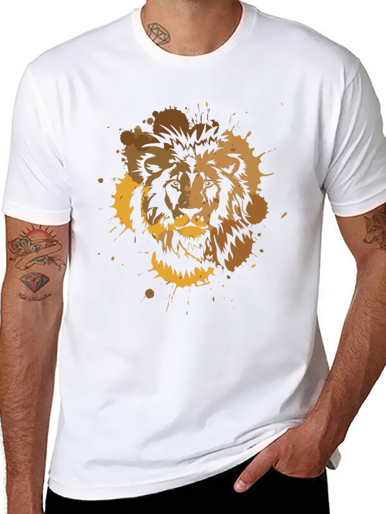 Lion Splatter Graphic Print T-Shirt - Black