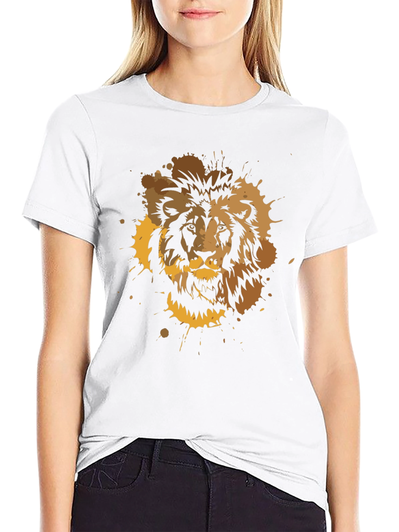 Lion Splatter Graphic Print T-Shirt - Black