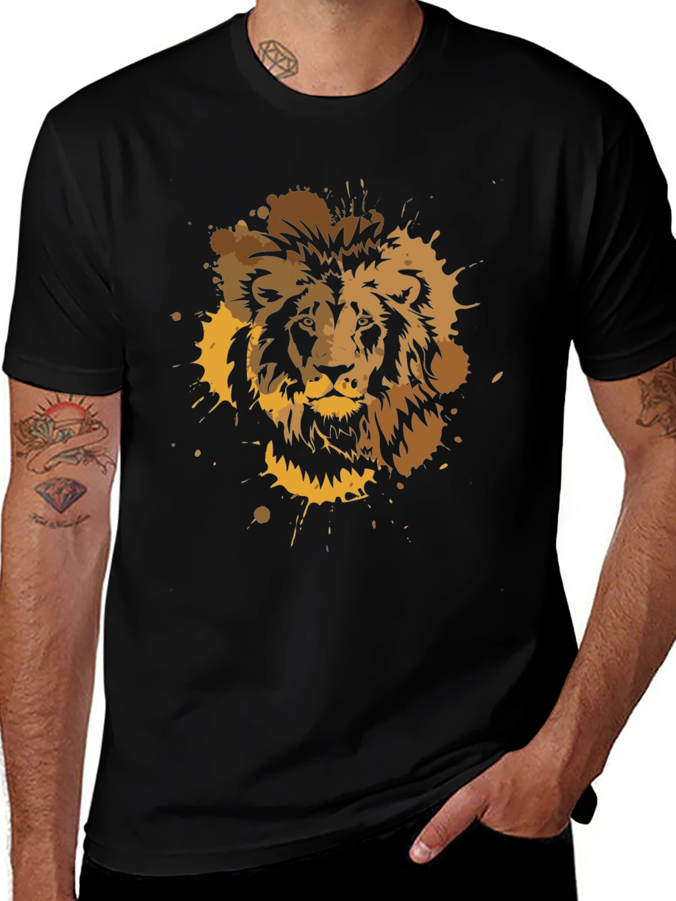 Lion Splatter Graphic Print T-Shirt - Black