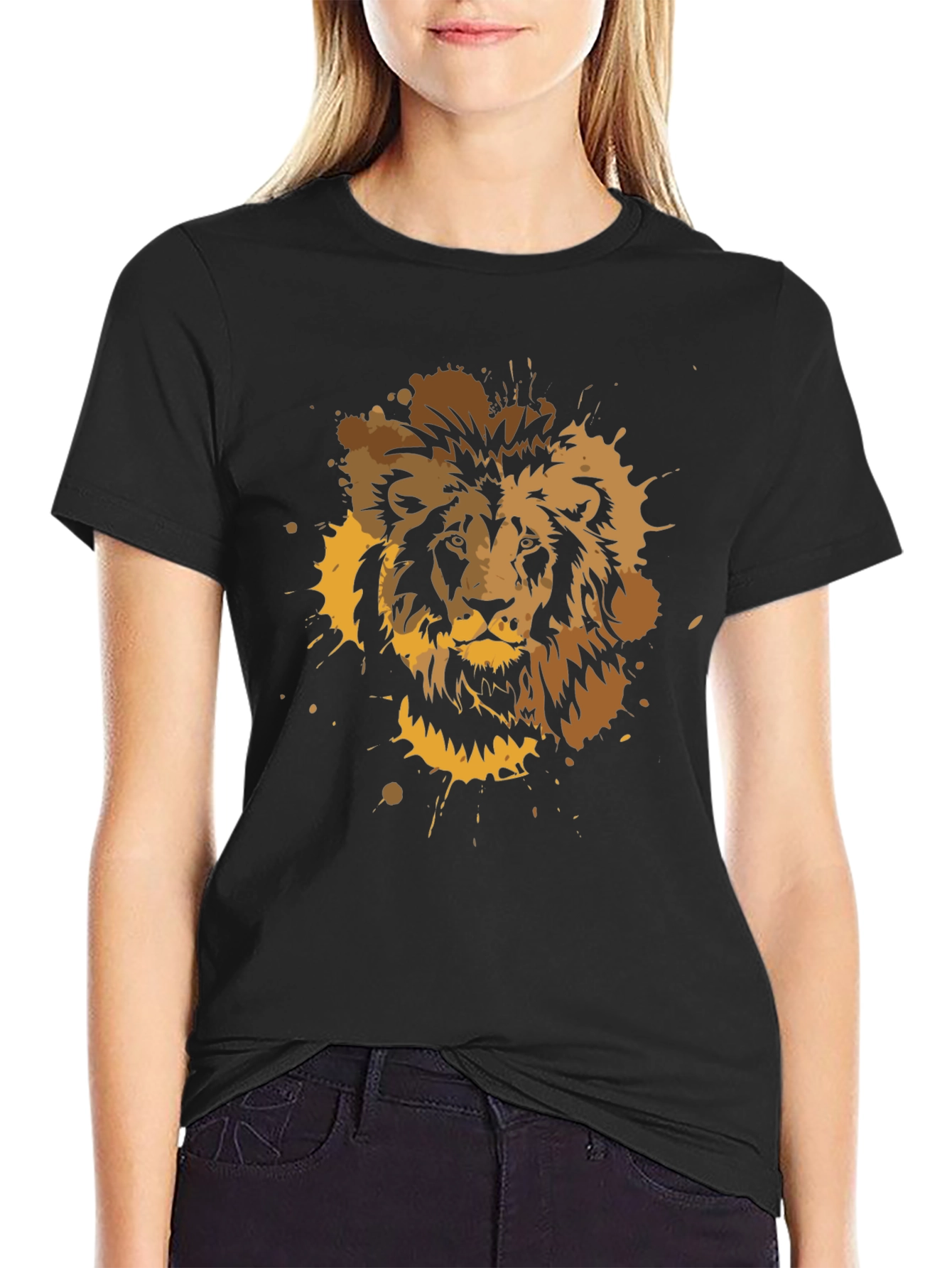 Lion Splatter Graphic Print T-Shirt - Black