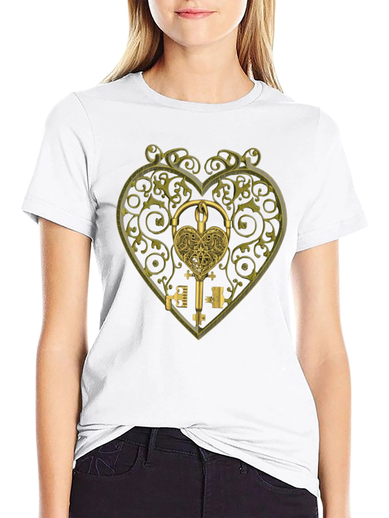 Ornate Heart Lock & Key Black Graphic Tee