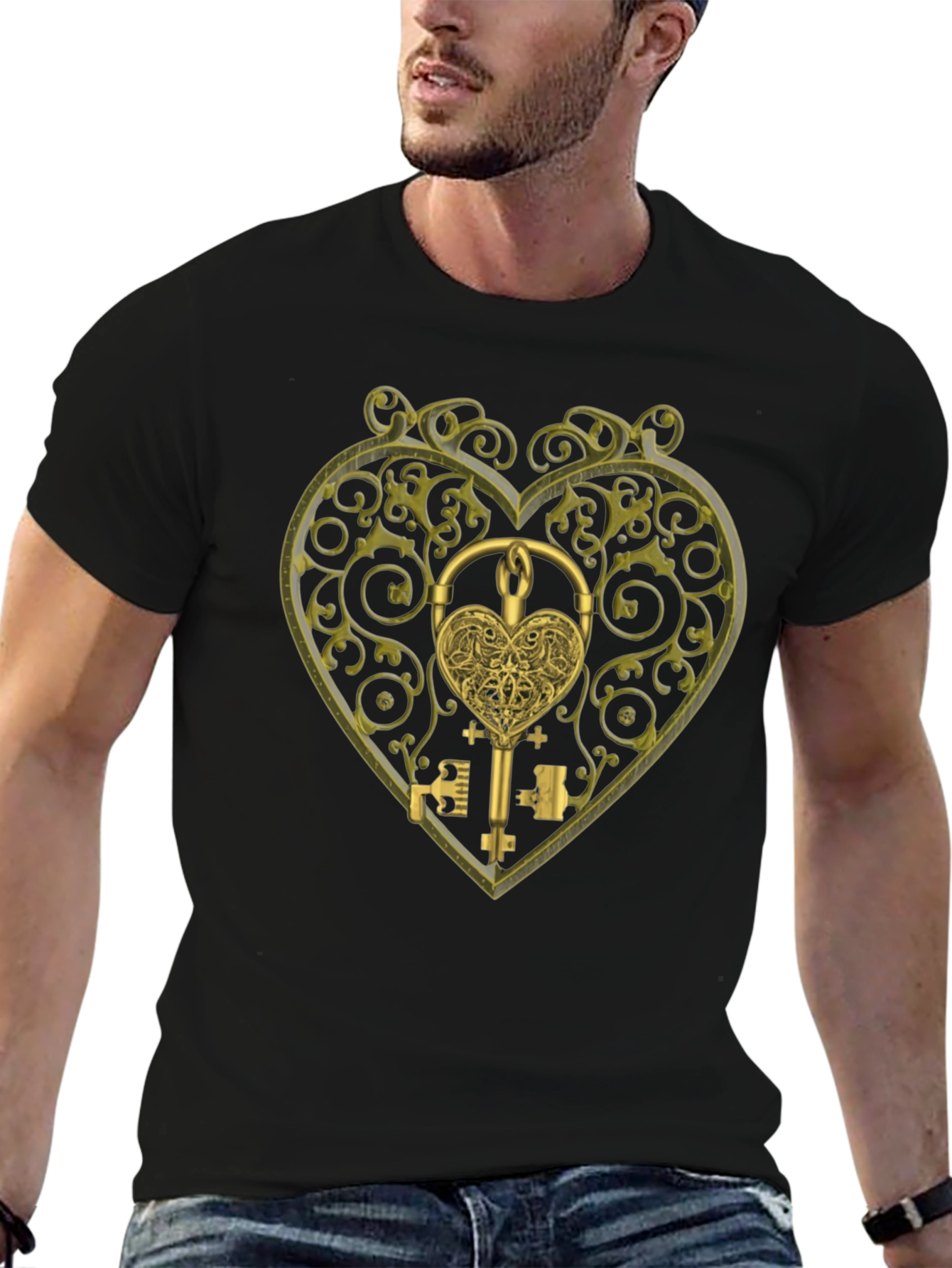 Ornate Heart Lock & Key Black Graphic Tee