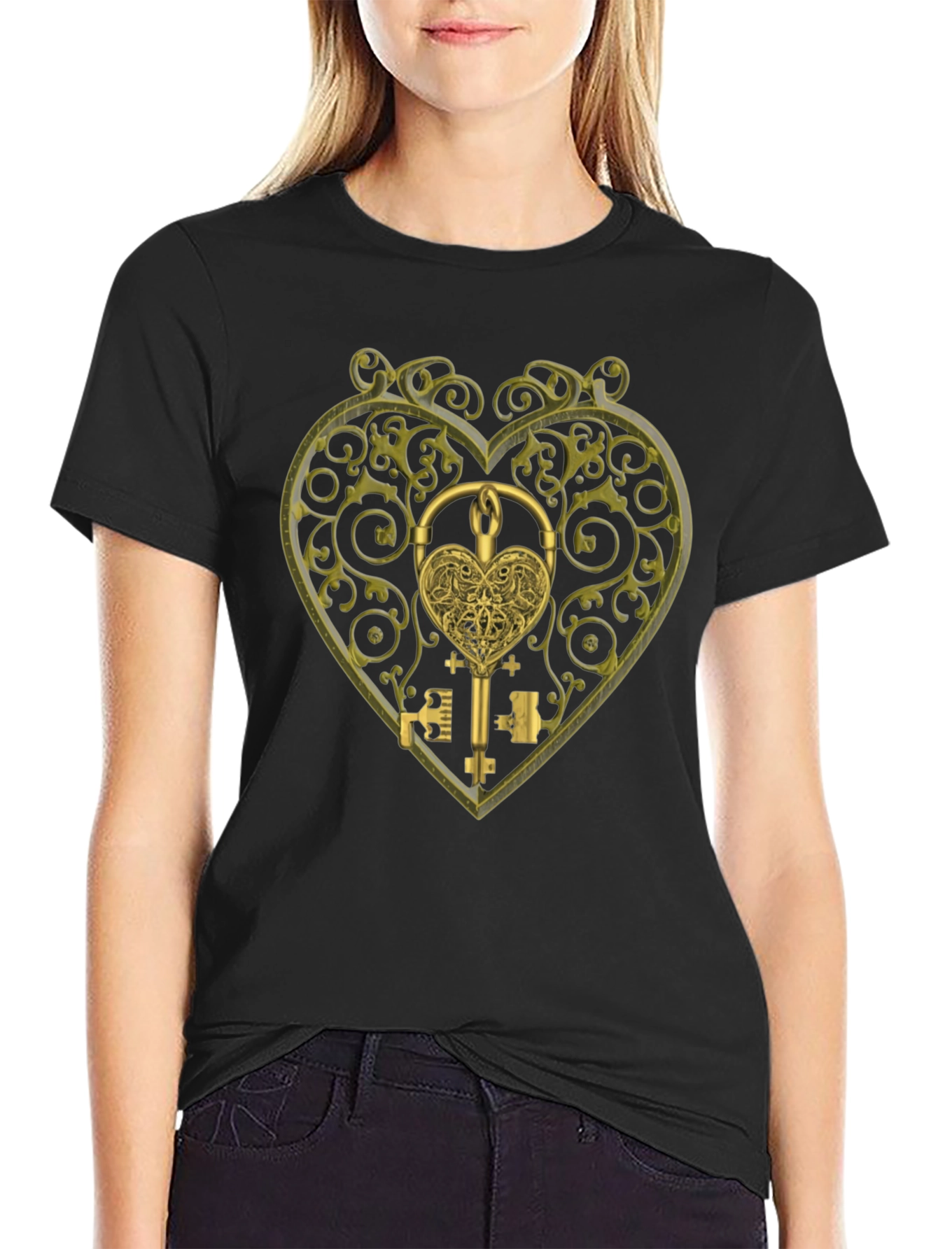 Ornate Heart Lock & Key Black Graphic Tee