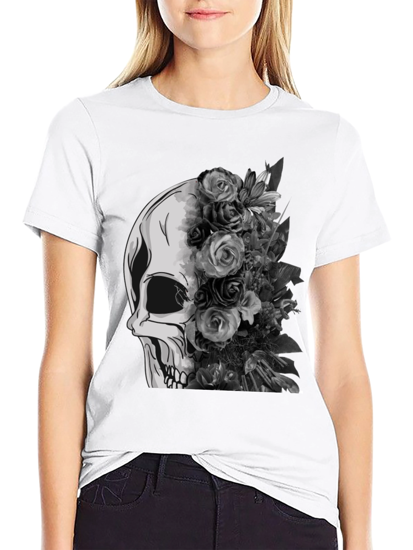 Skull and Floral Graphic Tee - Black