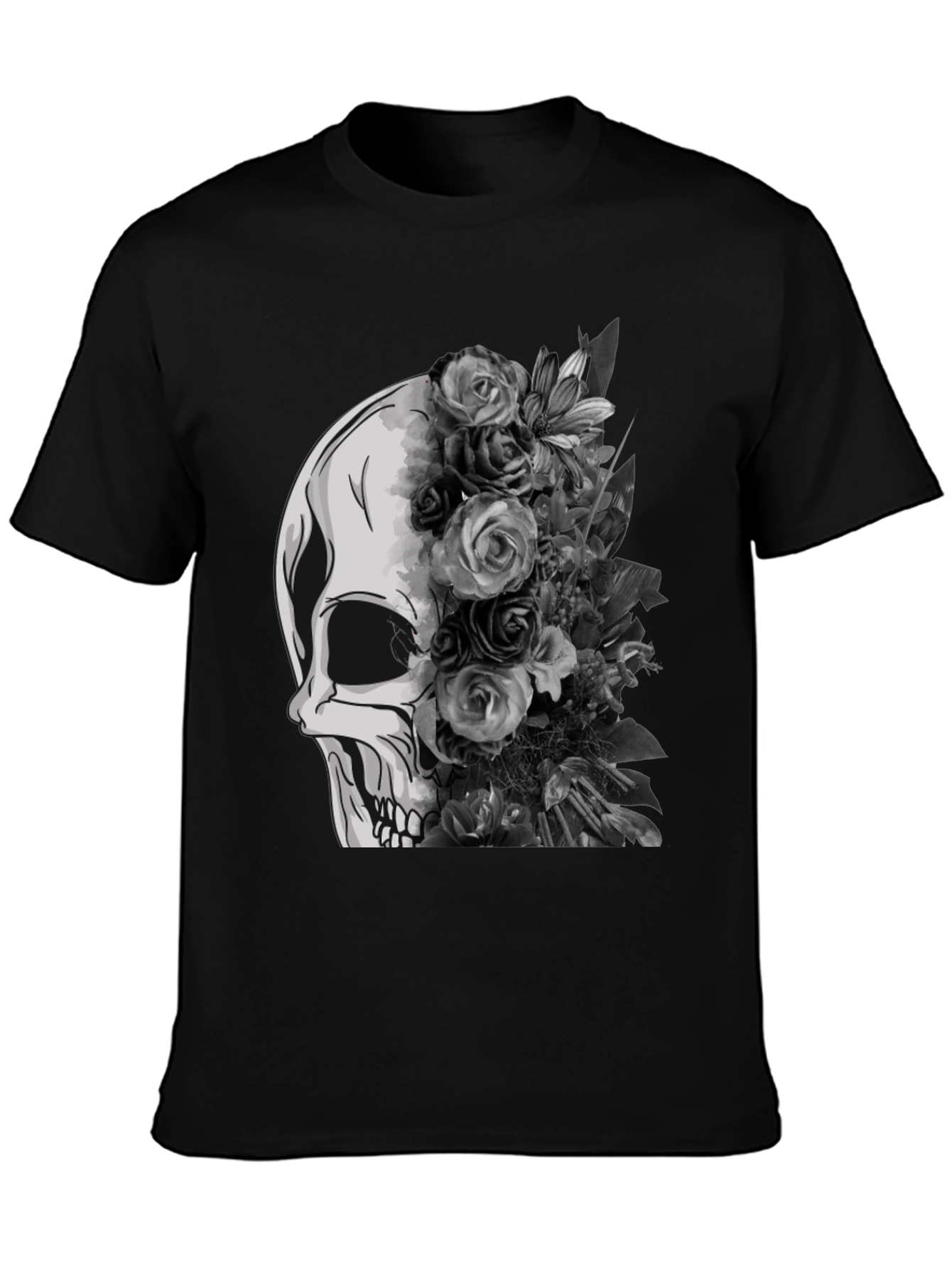 Skull and Floral Graphic Tee - Black