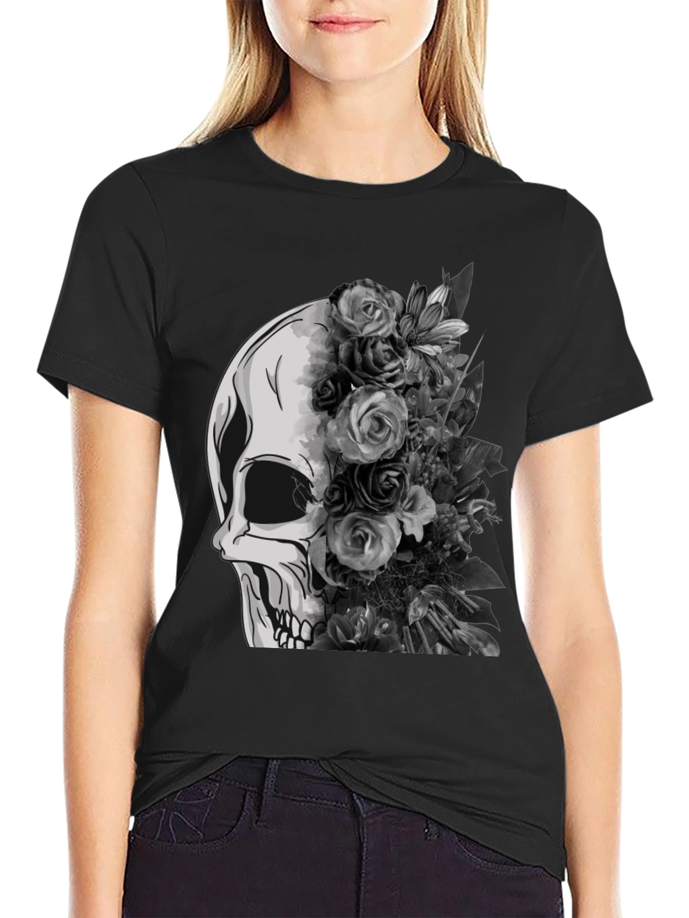 Skull and Floral Graphic Tee - Black