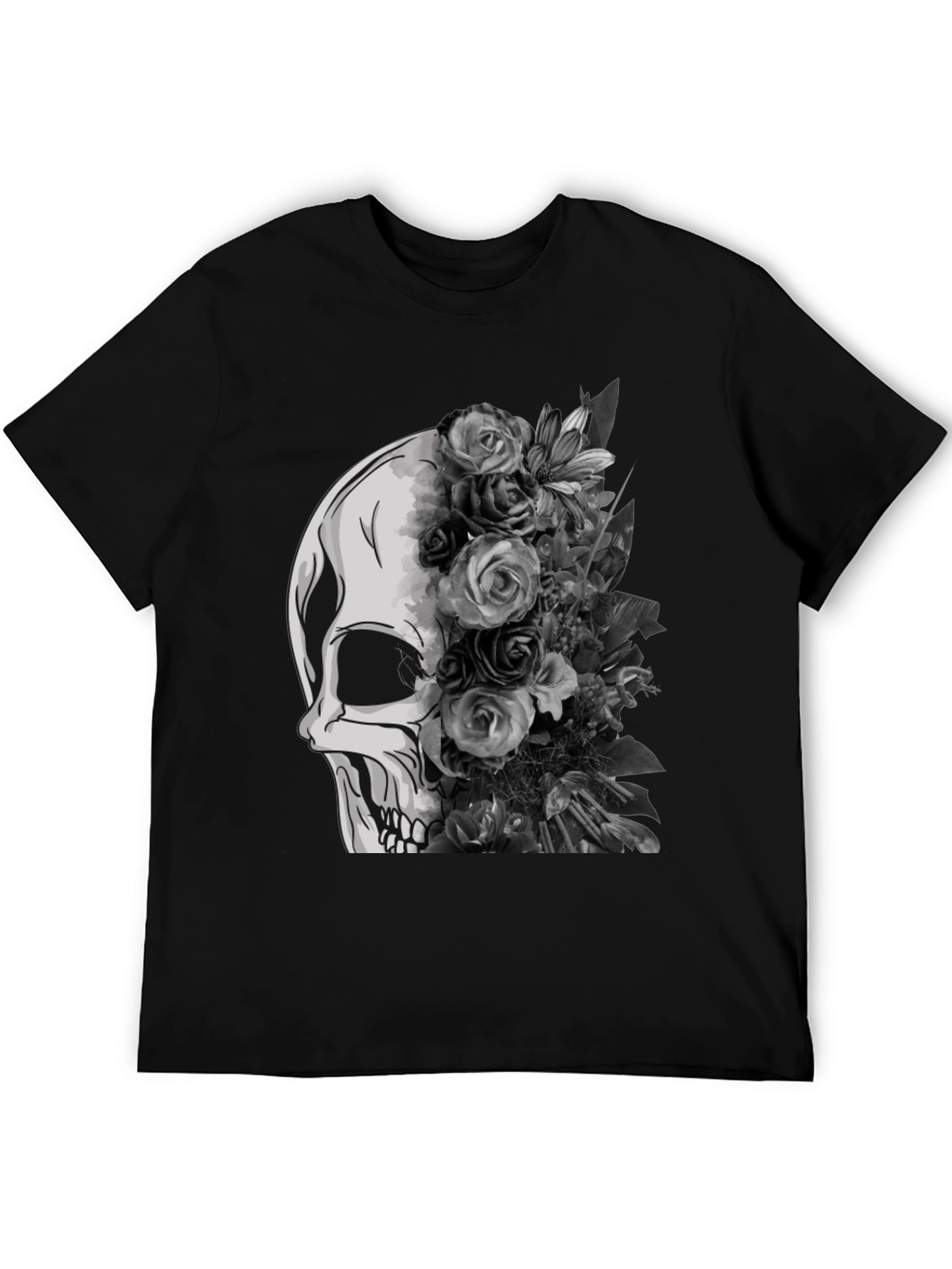 Skull and Floral Graphic Tee - Black