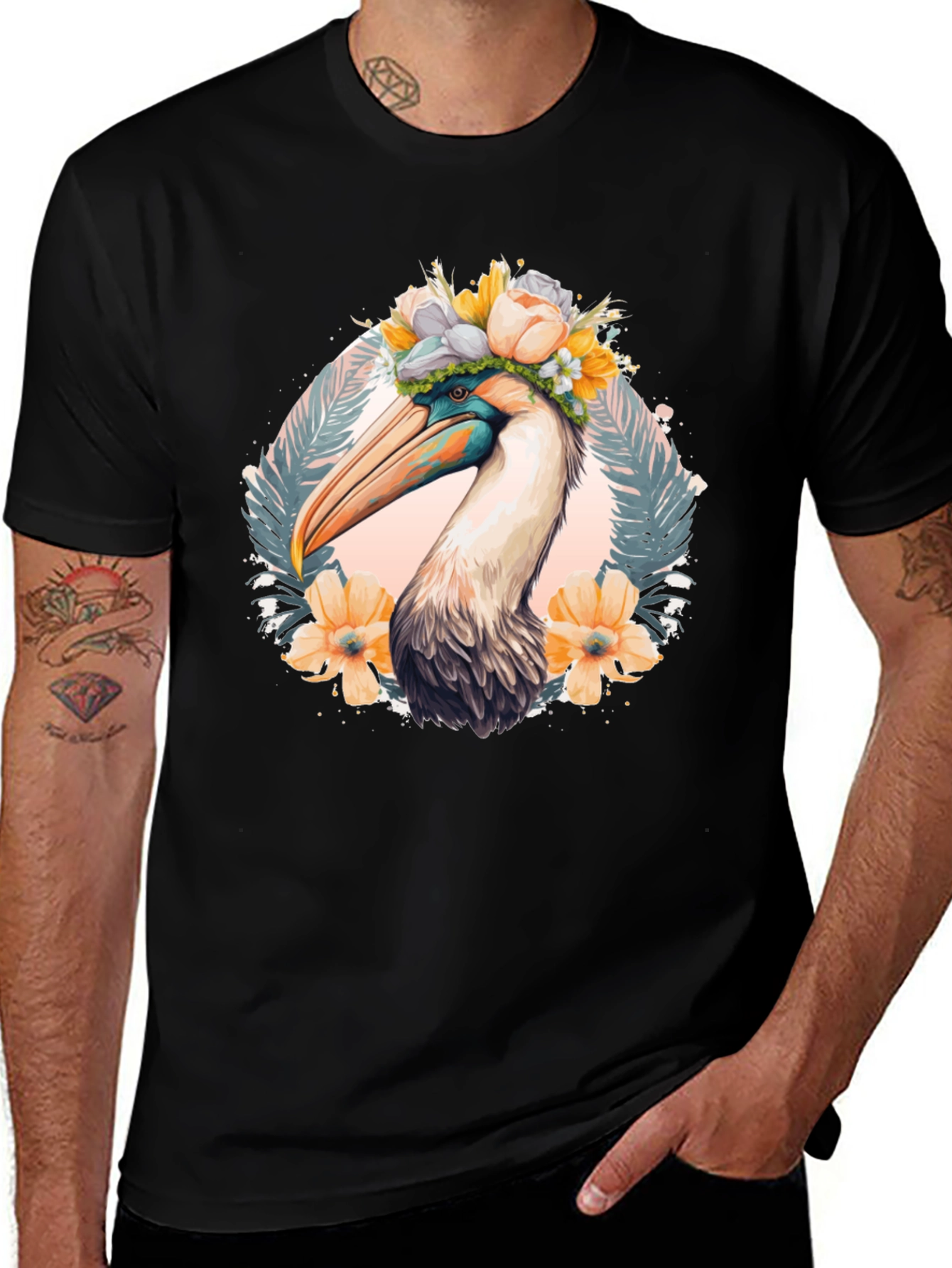 Pelican Floral Crown Black T-Shirt