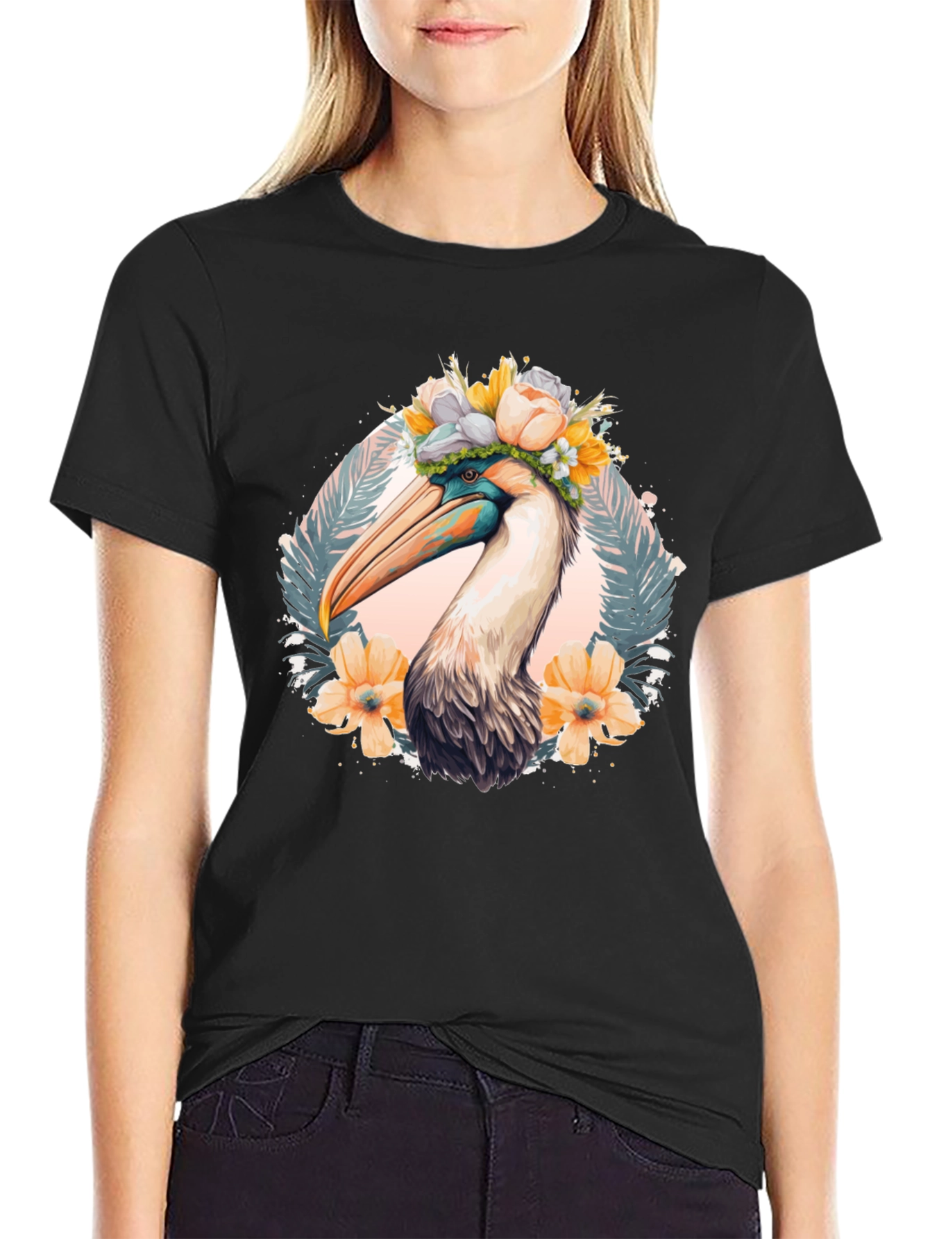 Pelican Floral Crown Black T-Shirt